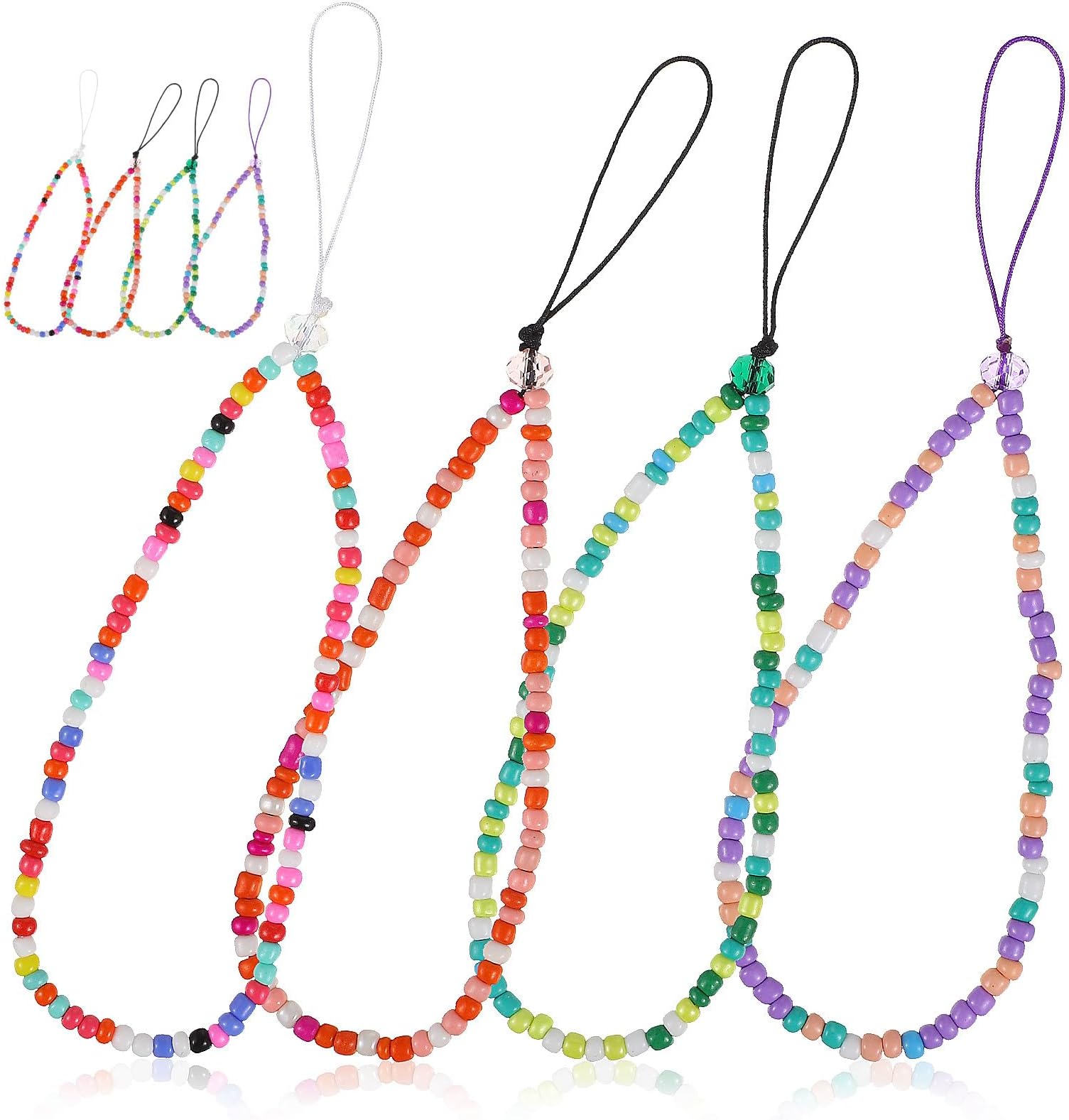 8pcs Beaded Lanyards Phone Strap Set Colorful Wrist Ropes Decorative Mobile Hanging Chains Anti-lost Keychain Pendant for Cellphone Use
