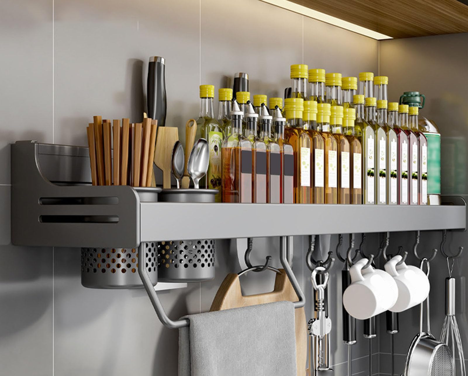GLJTUO Wall-Mounted Spice Rack - Metal Hanging for Kitchen Spices, Seasoning Holder with Towel Holder, Knife Storage, Hooks & Utensil (Grigio 80Cm),Grigio-80Cm