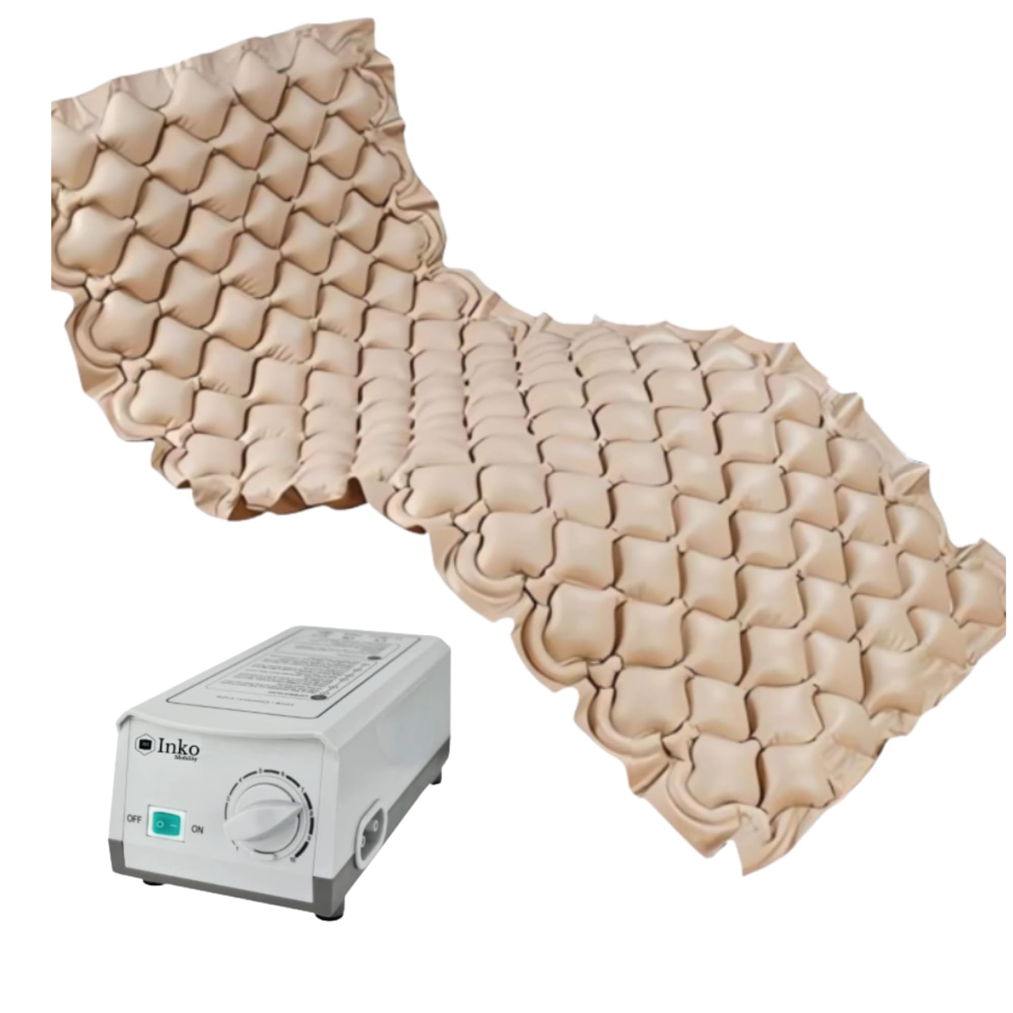 INKO Colchón antiescaras de Aire alternante, Modelo CA01, COMPRESOR SILENCIOSO,PVC médico, para escaras Grado I, Peso soportado 130kg, Medidas 200 x 90 x 7, 130 Celdas - Marca española