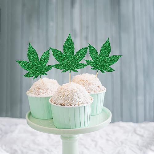 Miniatura 4 de Decoración para cupcakes de hojas de marihuana, adornos para cupcakes con purpurina, decoraciones de fiesta de hierbas, decoración de fiesta de