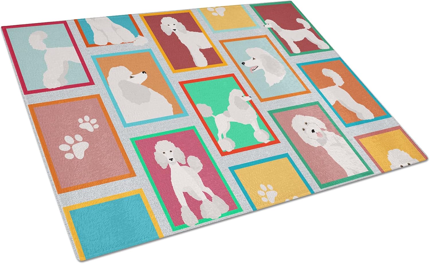 Caroline’s Treasures MLM1146LCB Plenty of White Customary Poodle Glass Slicing Board Giant Ornamental Tempered Glass Kitchen Slicing and Serving Board Giant Measurement Chopping Board