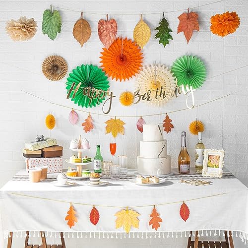 Miniatura 2 de Decoración de otoño, juego de fiesta de cumpleaños, abanicos de papel, pompones de papel de seda, naranja, crema, verde, rojo, hoja de arce,