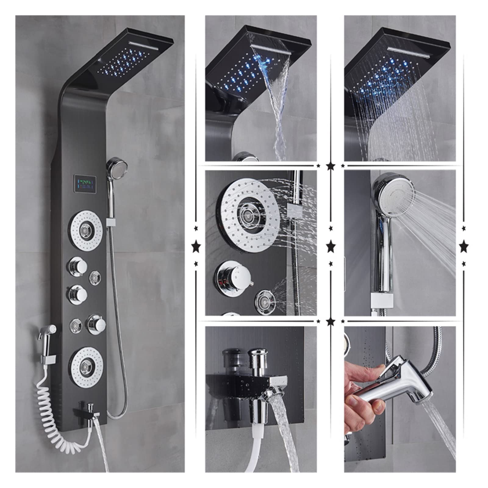 CVFRDD Luxury Black/Brushed Bathroom Shower Faucet LED Rainfall Shower Panel System Bathtub Mixer Tap Massage Spa Temperature Screen(Black B)