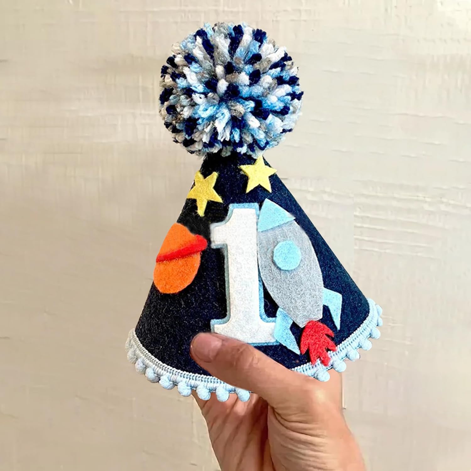 Outer Space First Birthday Hat Boy, Space Theme Party Decorations, Baby 1st Birthday Cone Hat with Rocket Design, One Year Old Party Crown for Cake Smash and Photo Props