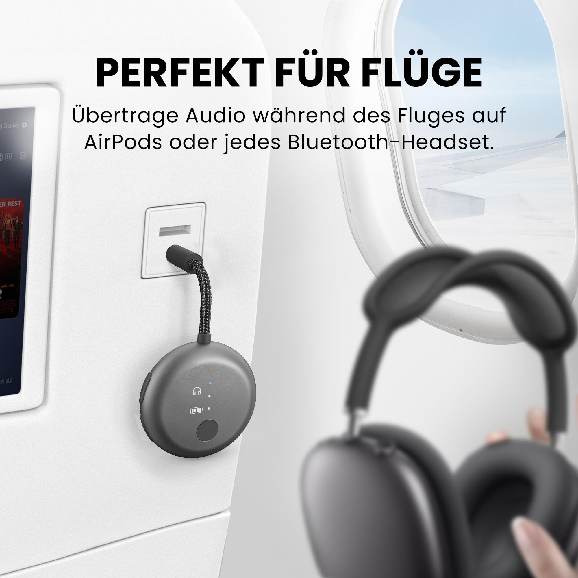Avantree SoundJet R1 Weiß & Metallic Schwarz, Bluetooth Adapter Flugzeug für Kopfhörer & AirPods, aptX Adaptive, Qualcomm-Chipset, 20 Std. Akkulaufzeit, Kabelloser Audio Transmitter für Reisen
