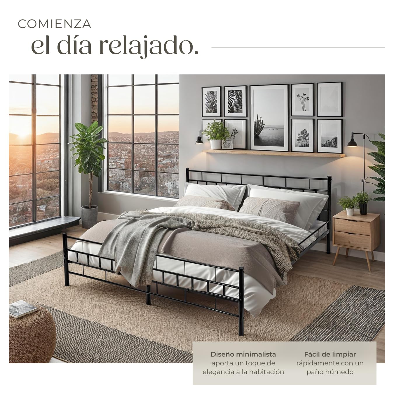 tectake® Cama Matrimonio Estructura de Acero Robusto con Somier de Láminas de Madera, Muebles de Dormitorio, Cama Completa, Resistente, Fácil de Limpiar, Base de Cama - 180 x 200 x 76 cm Negro