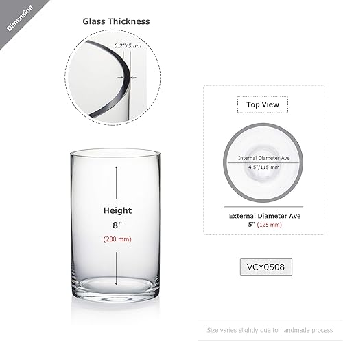 Miniatura 9 de WGV - Jarrón cilíndrico de vidrio, diámetro de 5 pulgadas, altura 5 pulgadas, contenedor floral de vidrio transparente, portavelas flotante para