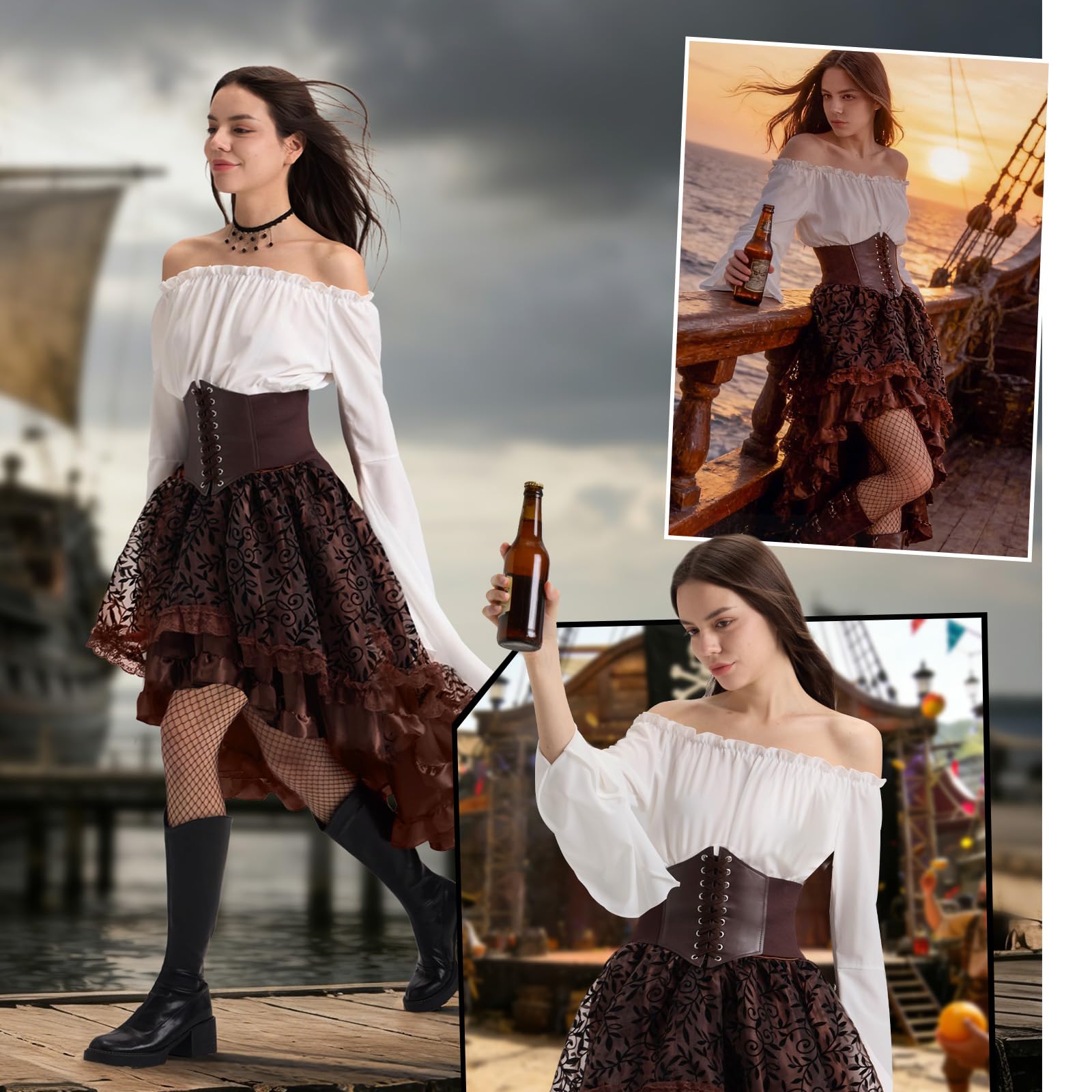 Charmofun Średniowieczny kostium piracki, średniowieczny strój damski z bluzką z odkrytymi ramionami, gorset pirata, renesansowa wiktoriańska sukienka na karnawał, Halloween, Cosplay