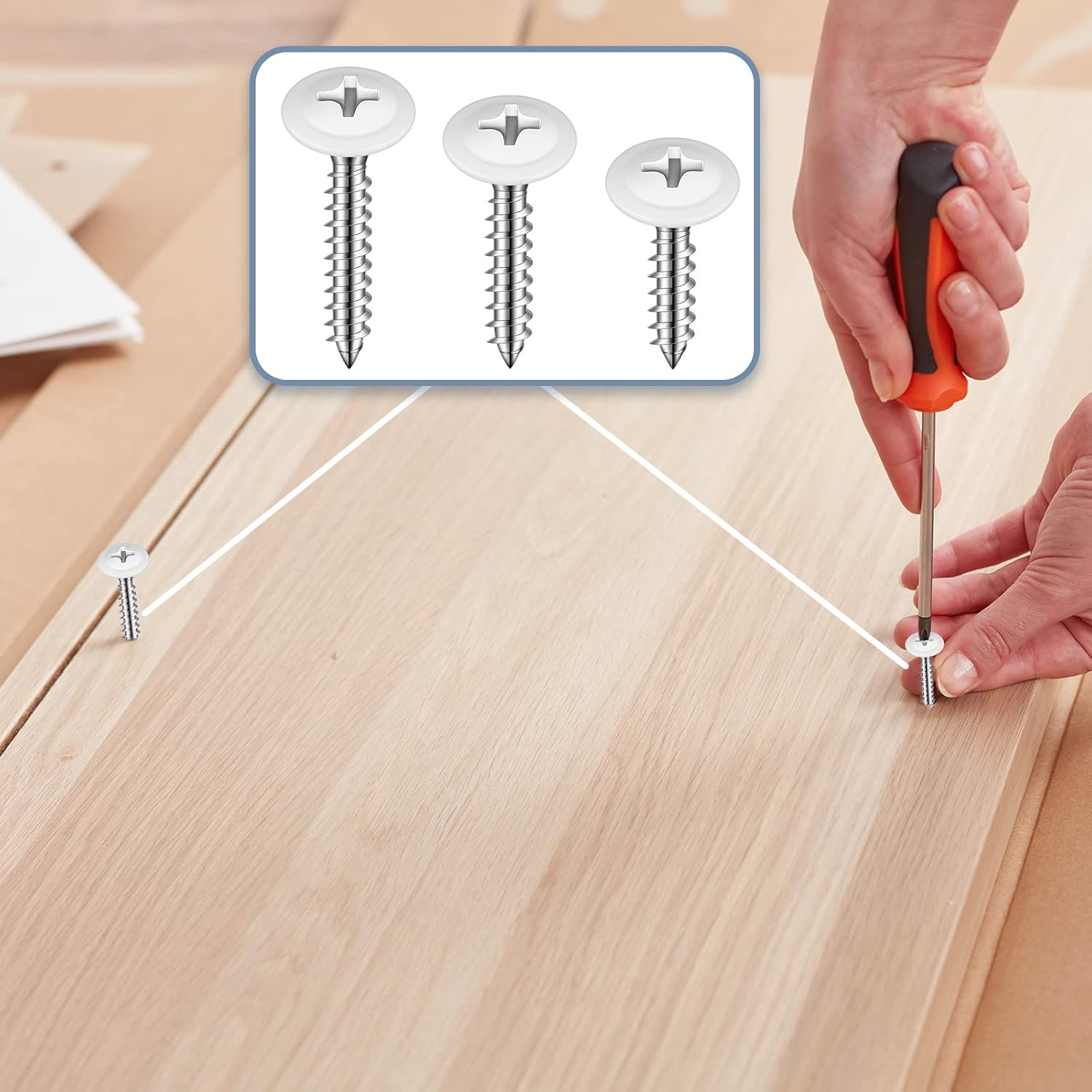 Demissle 120 Pcs 120 Pcs #8 White Wood Screws, 3 Sizes, Phillips Truss Head