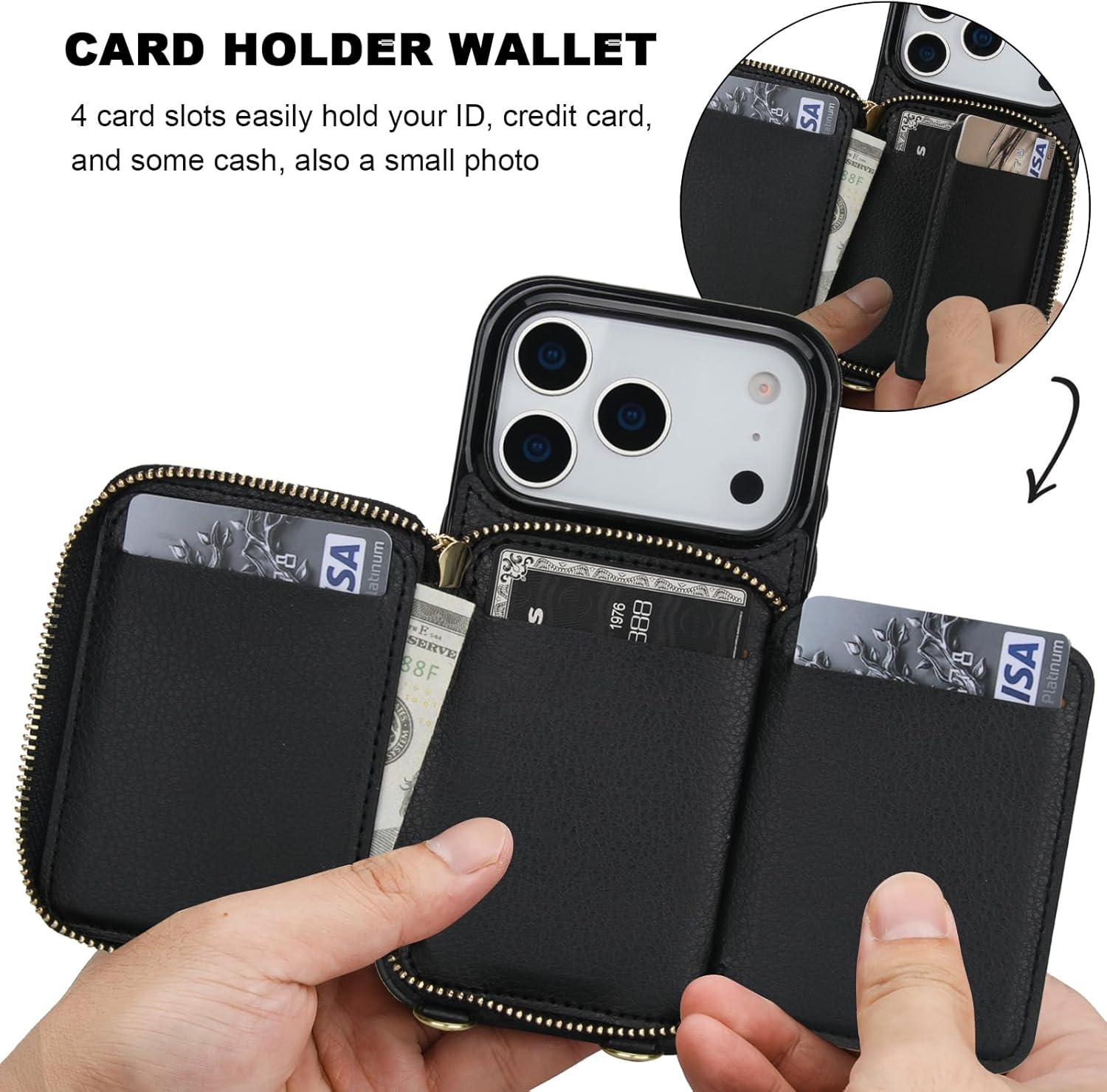 Bocasal RFID Blocking Wallet Case for iPhone 17 Pro, Adjustable Crossbody Zipper Purse Case Card Holder with Kickstand Detachable Wrist Strap, PU Leather Flip Folio Case 6.3 Inch 5G (Black)