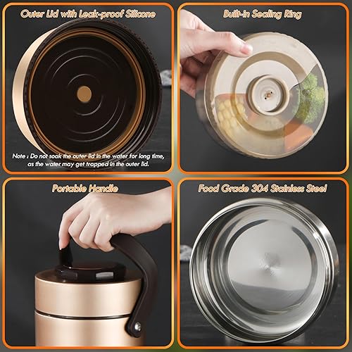 Miniatura 3 de Termo para comida caliente, tarro apilable de 3 niveles y 67 onzas, lonchera aislada a prueba de fugas con bolsa y cuchara tenedor, contenedor de