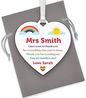 Rainbow Teacher Gifts - PERSONALISED Teacher Thank You Gifts - End of School Term Gifts for Teaching Assistant, Key Worker, Nursery - Teacher Appreciation Wooden Heart Plaque Gifts - With Grey Bag