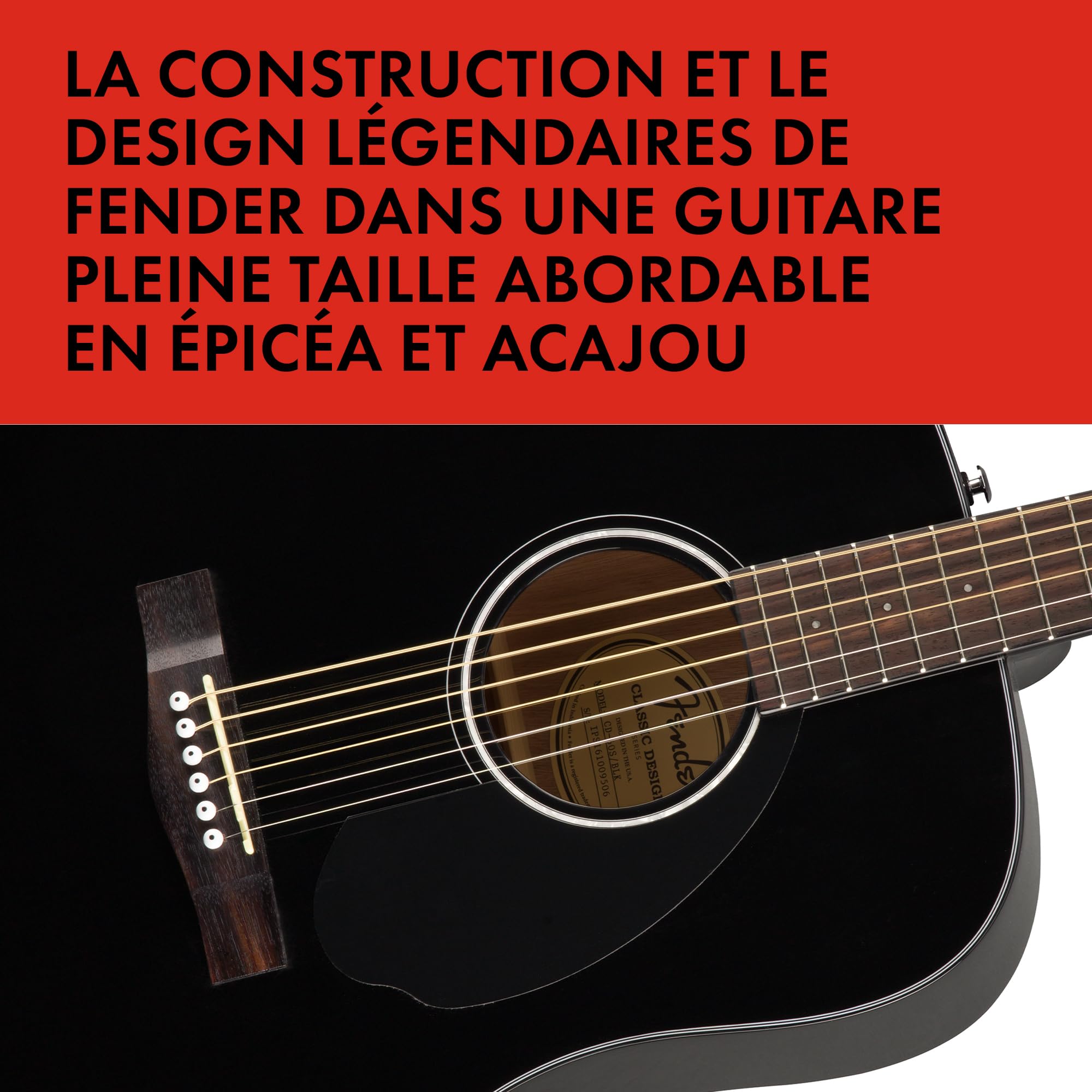 Fender CD-60S Dreadnought Guitare Acoustique, Touche en Noyer, Noir, Inclus des Cours Virtuels Gratuits sur Fender Play