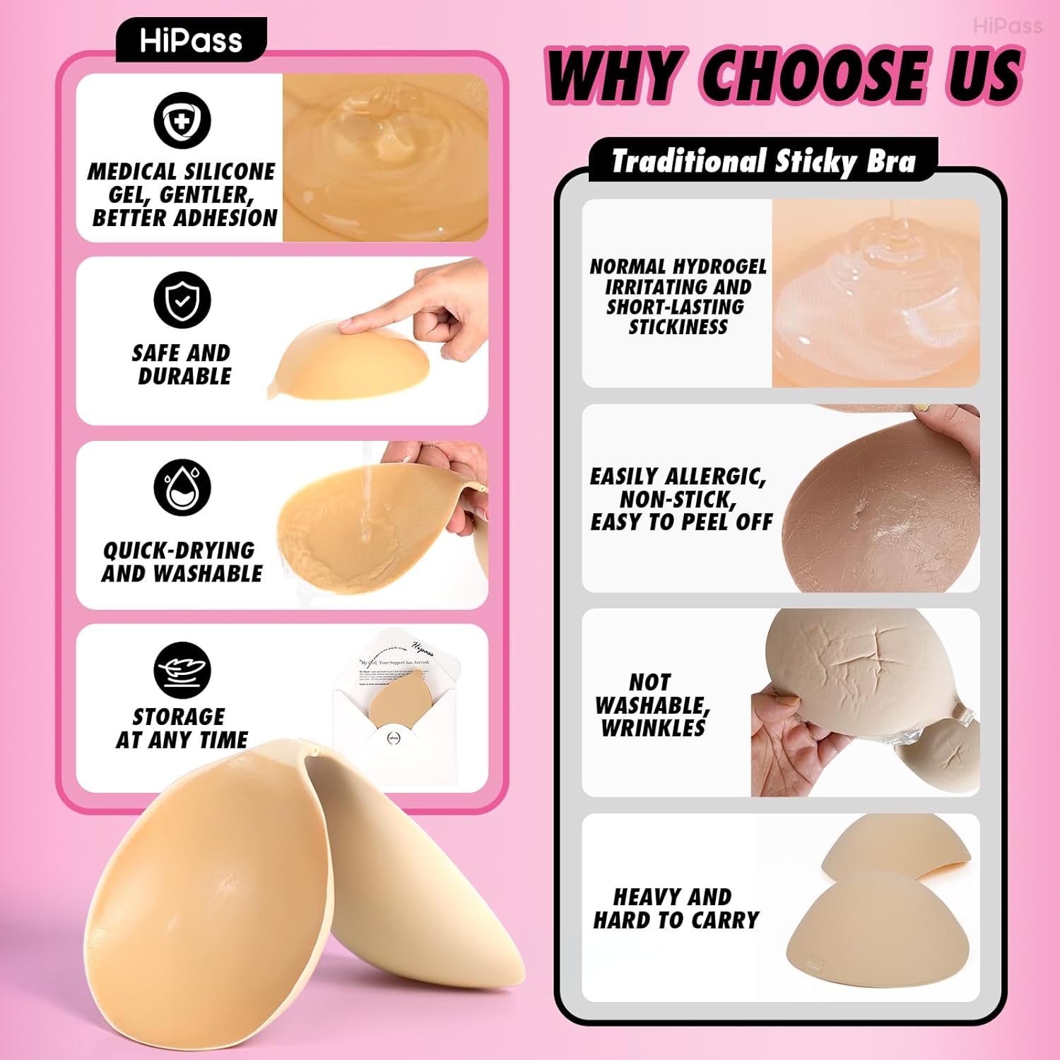 Hipass Adhesive Sticky Bra, Push Up Invisible Bras for Backless Strapless Dress，Reusable Wireless Breast Lift Bras for Women Beige - Image 3