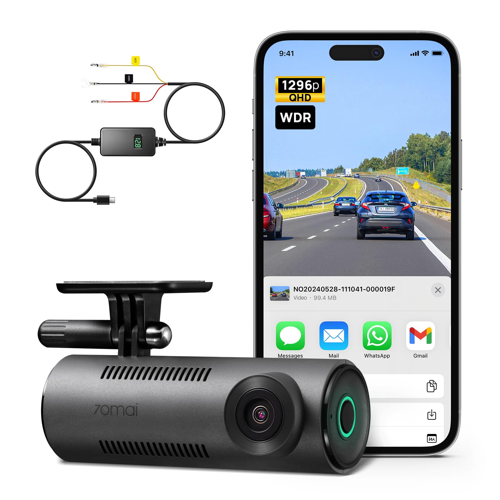 【70mai Dash Cam Auto M310 Plus 3K + UP06 Hardwire Kit Regolabile】