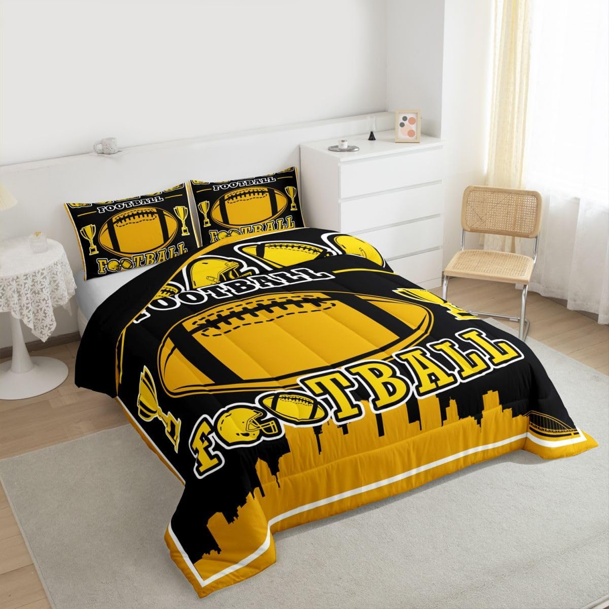Erosebridal Football Comforter Set Queen Size,Yellow Black Football City Bedding for Sports Fans,Boys Girls Rugby Quilt,Ball Competition Duvet Insert,All Season(Black and Yellow)