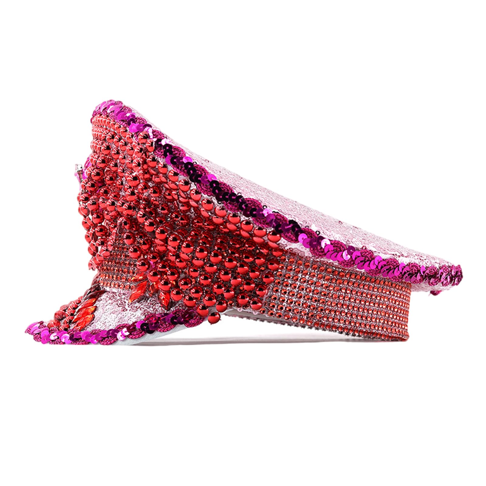 Cappello tempestato di perle di strass per donne cappelli per feste di compleanno cappello blingbling per spettacoli teatrali fotografia copricapo cappello piatto con perle rosse e diamanti
