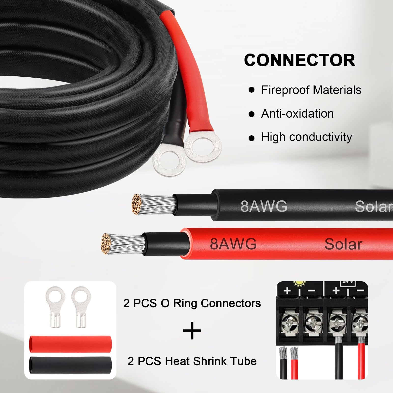 MOOKEERF Cable de batería solar – Cable inversor de corriente de calibre 8 de 8 pies con funda protectora ignífuga fotovoltaica para conectar batería y controlador de carga para panel solar automotriz