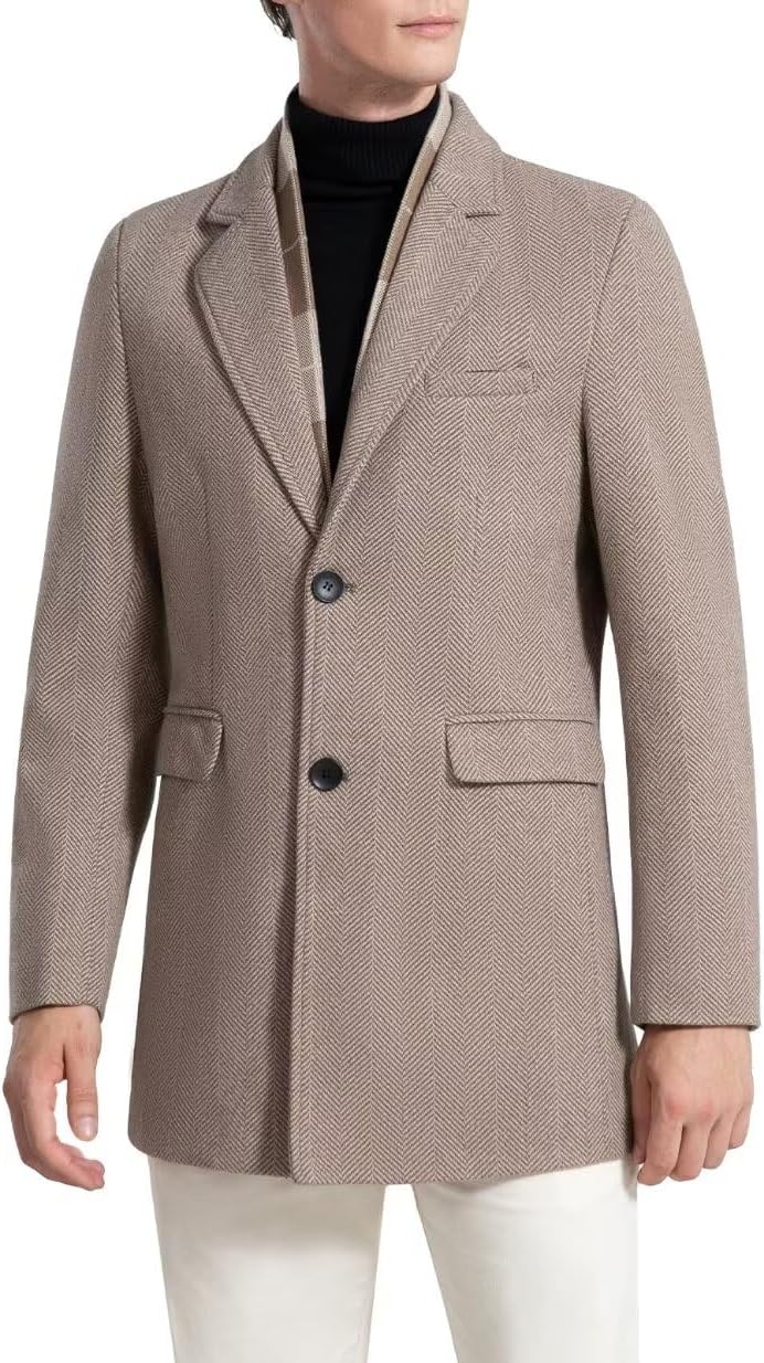 INVACHI Men's Casual Trench Coat with Detachable Scarfs Notched Collar Single Breasted Overcoat