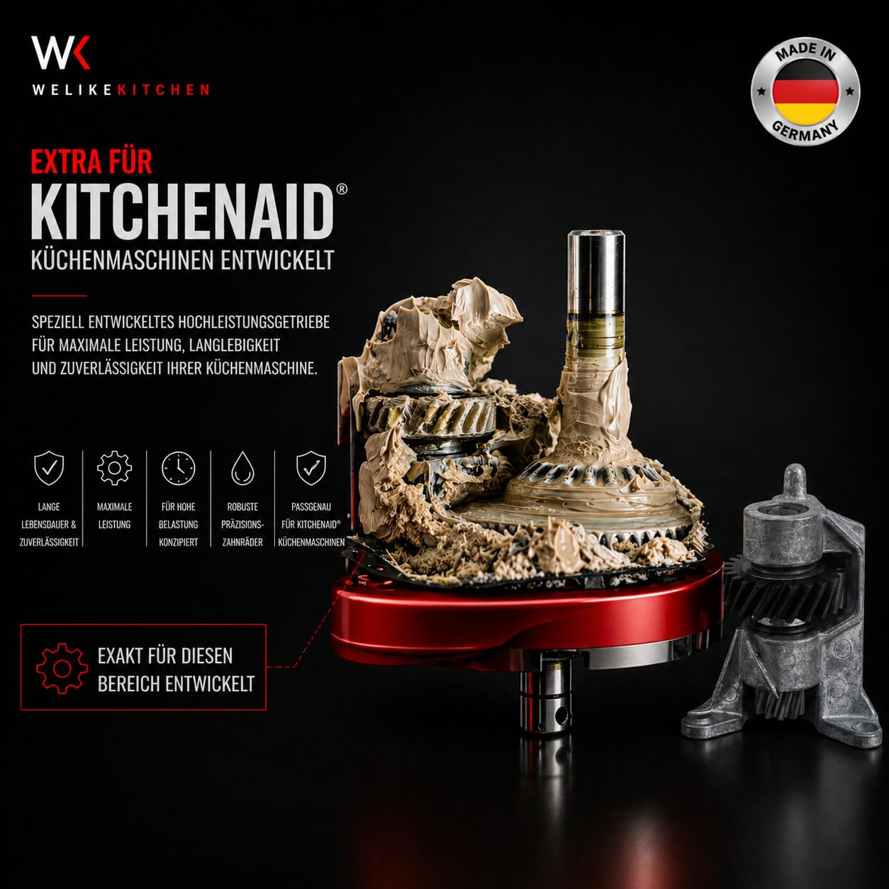 Welikekitchen Zestaw konserwacyjny kompatybilny z robotami kuchennymi KitchenAid – koło zębate, uszczelka, smar przekładniowy i szczotki węglowe (2 sztuki) – zestaw naprawczy do Artisan, Classic
