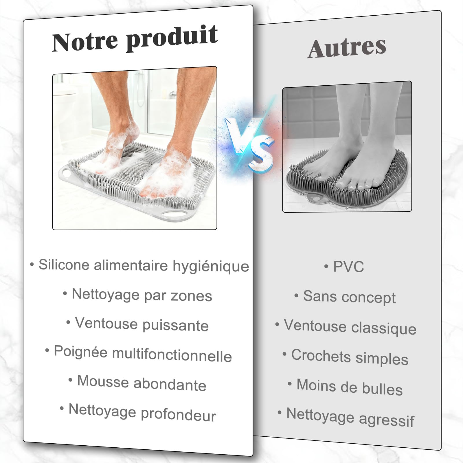 FREATECH Grand Brosse Pieds Douche Shower Foot Scrubber avec Ventouses Antidérapantes, Nettoyage, Exfoliation et Massage Complet des Pieds Sans Baisser, Amélioration Santé des Pieds, Gris - 44 x 33 cm