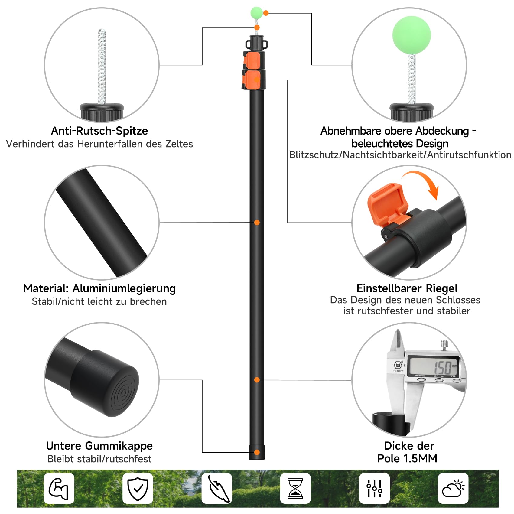 KOMCLUB Zeltstange Teleskop, Snap Set Aluminium Zeltstange 247cm, Verstellbare Ultraleicht-Planenstange Teleskop-Stützstange für Vorzelte, Zelte, Campingplanen