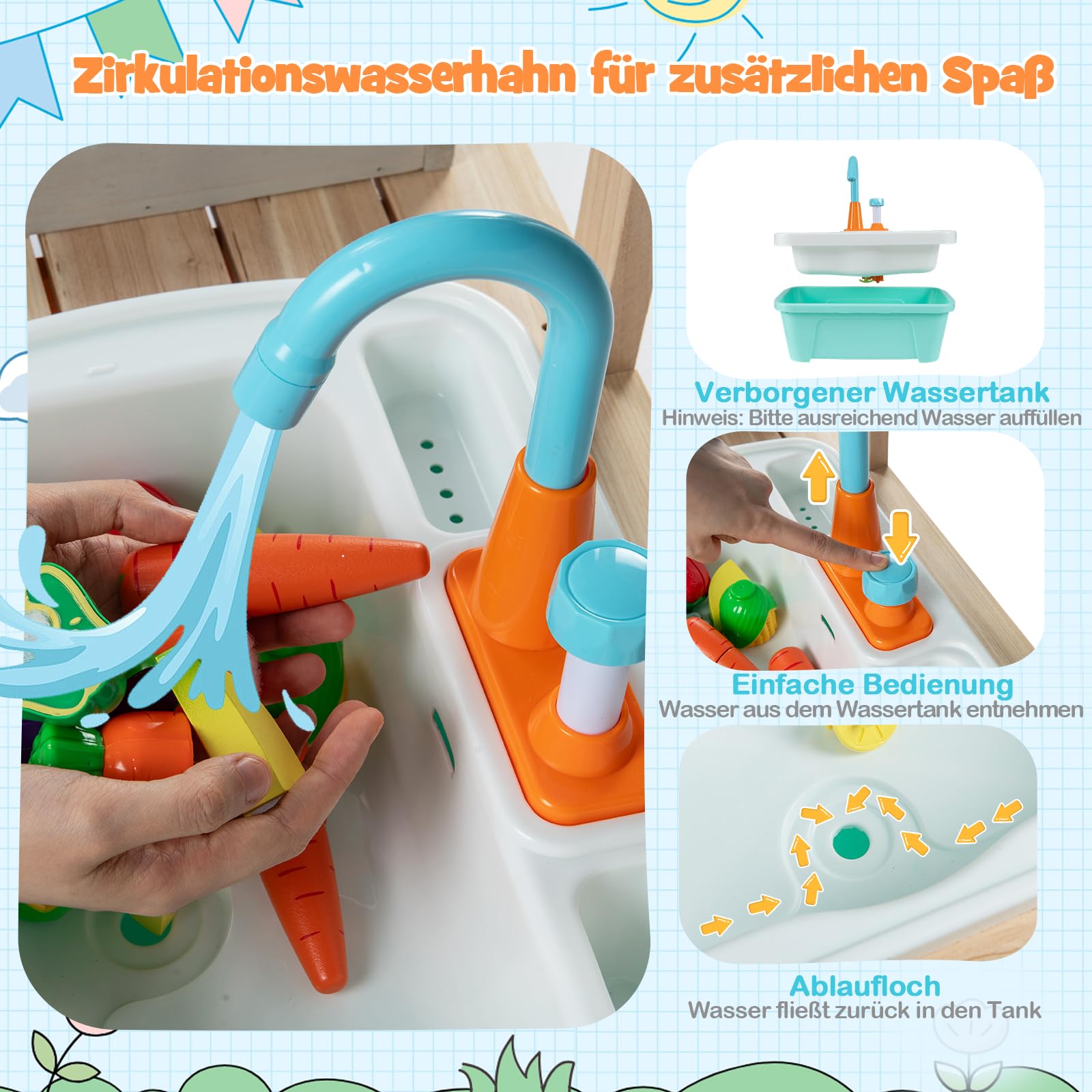 COSTWAY Matschküche Kinder Outdoor, Kinderküche Holz inkl. Spülbecken mit Wasserpumpfunktion, Gartenspielküche mit Grillrost, Outdoorküche für Kinder