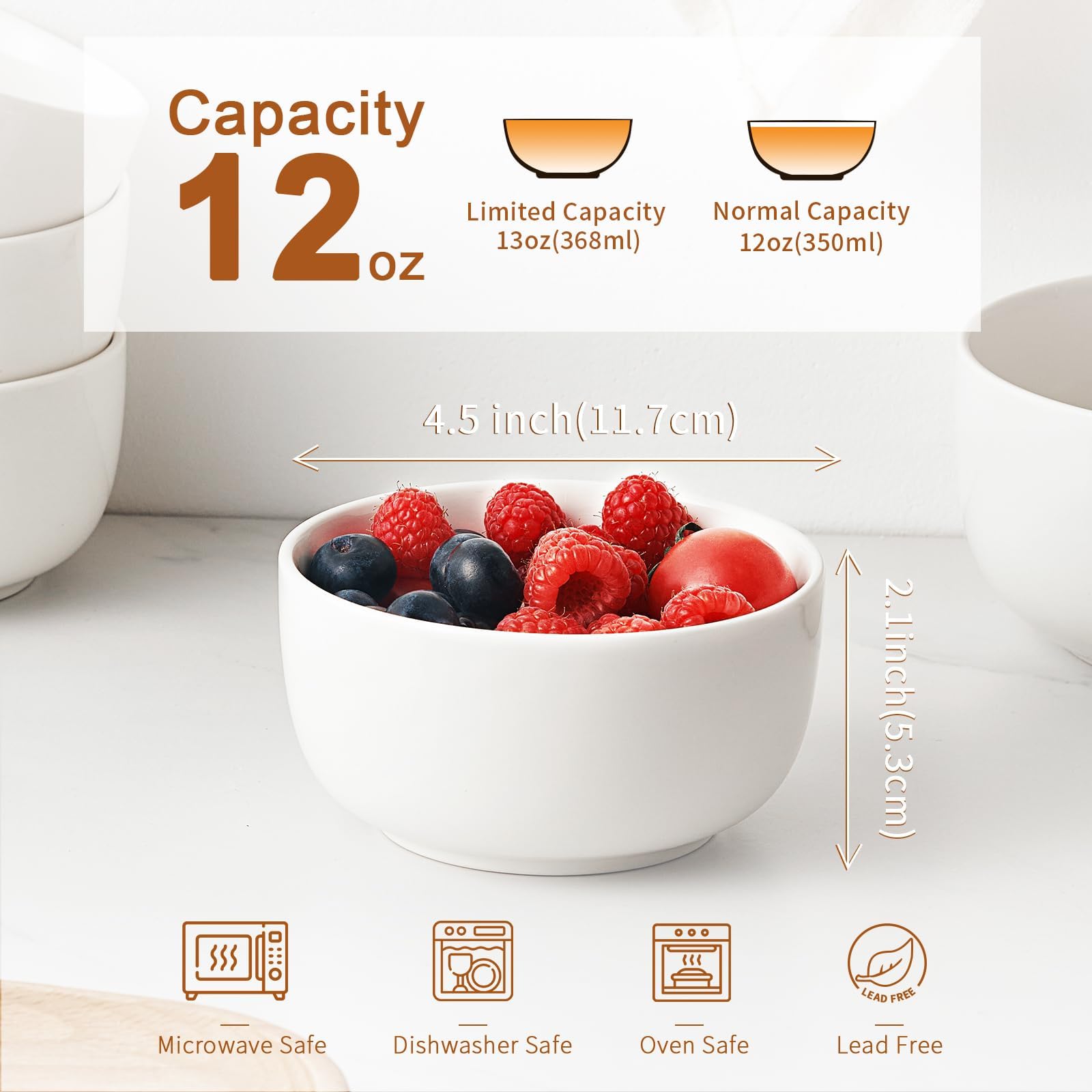 Jassceram Juego de 8 cuencos pequeños de cerámica de 350 ml para sopa, ensalada, postre de helado, aperitivos y sobras, adecuados para guarniciones, aptos para lavavajillas y microondas, 4.5 pulgadas,