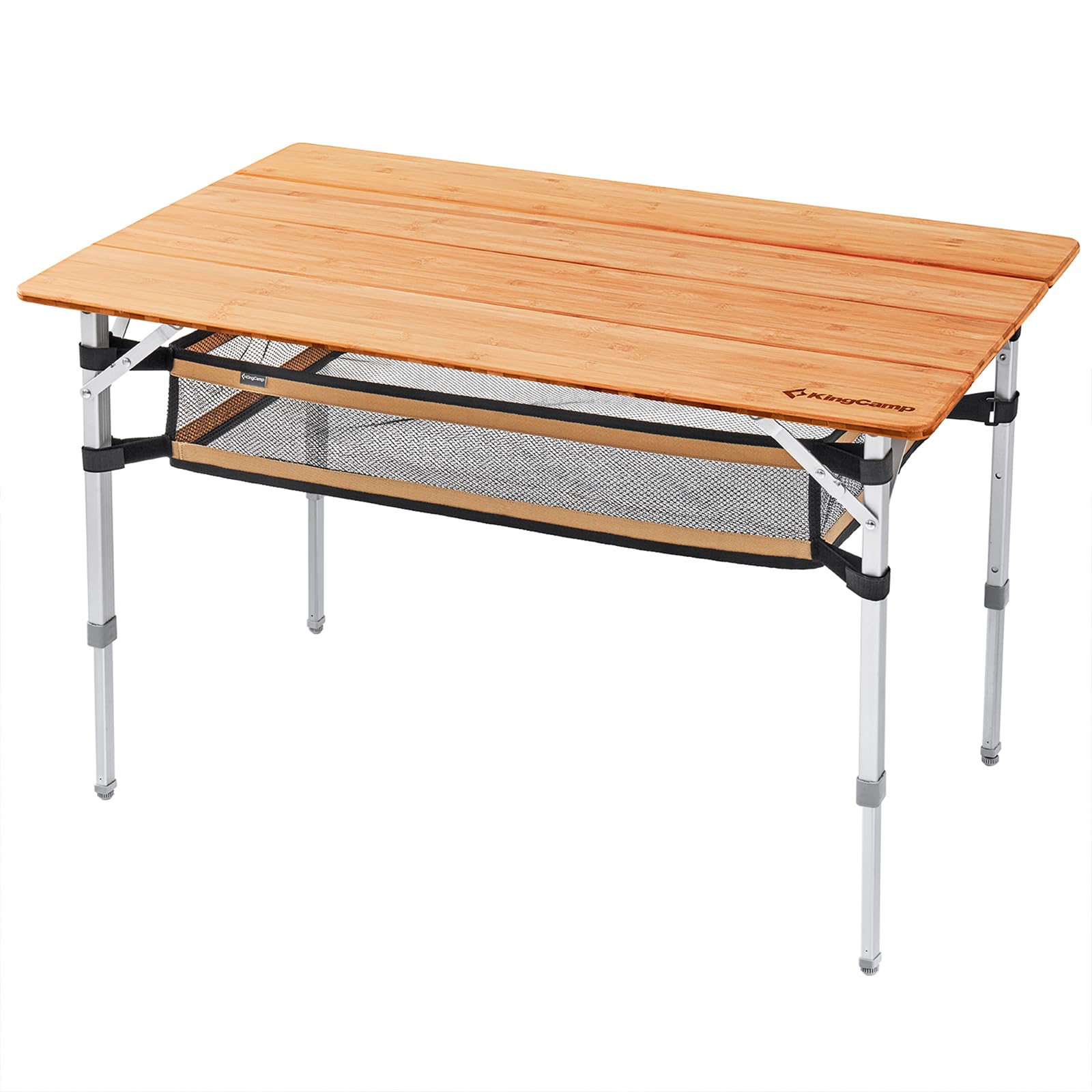 KingCamp Campingtisch Bambus Klappbar Höhenverstellbar 45/52/65 cm bis 80kg | Klapptisch Faltbar Stabil Kompakt Tragbar Robuster Alu-rahmen für Camping Picknick Garten Balkon 100x65cm mit Klappnetz