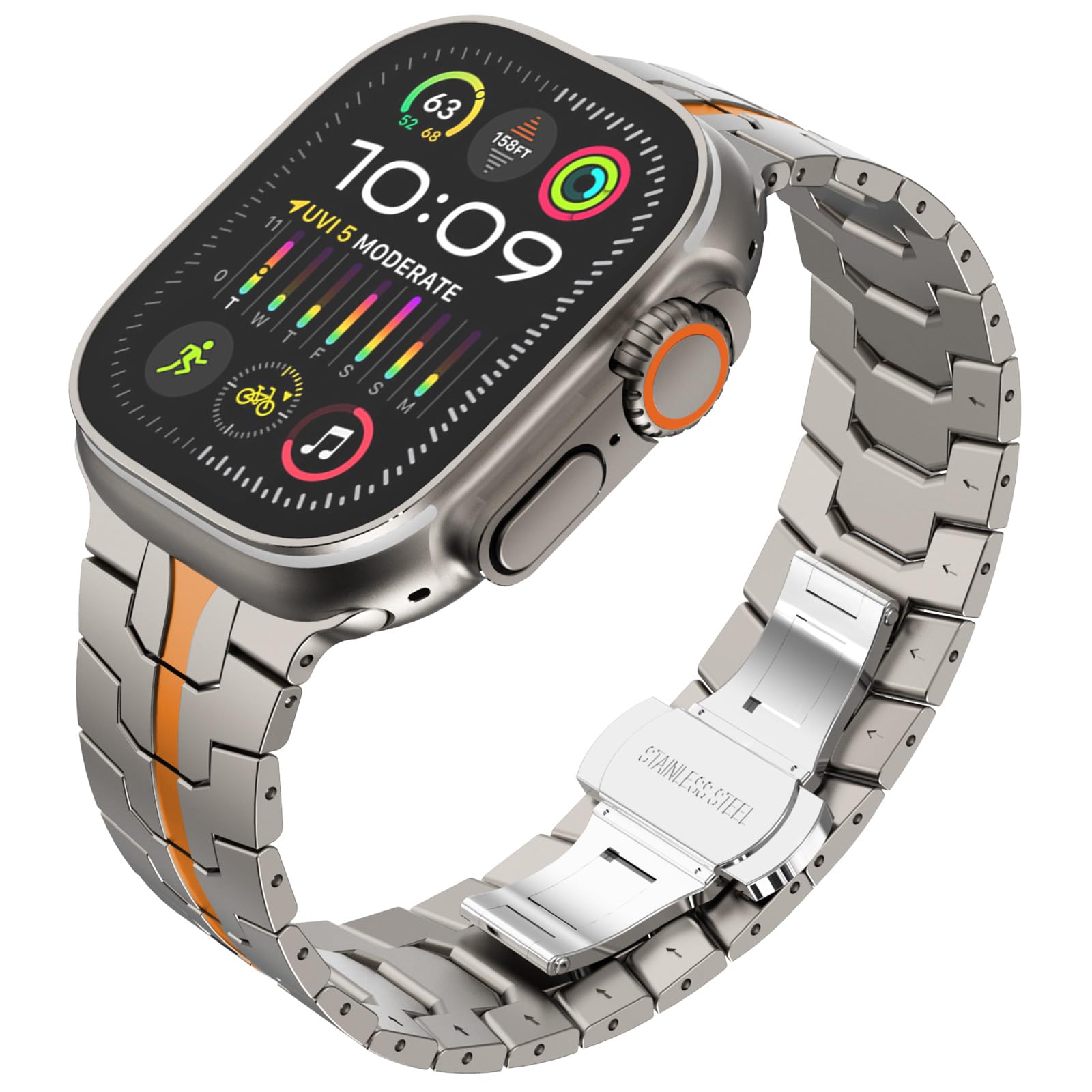 KADES Metal Band Compatible with Apple Watch Band 49mm 45mm 44mm 42mm iWatch Ultra2 Series 9 8 7 SE 2022 6 5 4 3 2 1, Stainless Steel Link Bracelet,(49mm/45mm/44mm/42mm,Titanium with Orange)