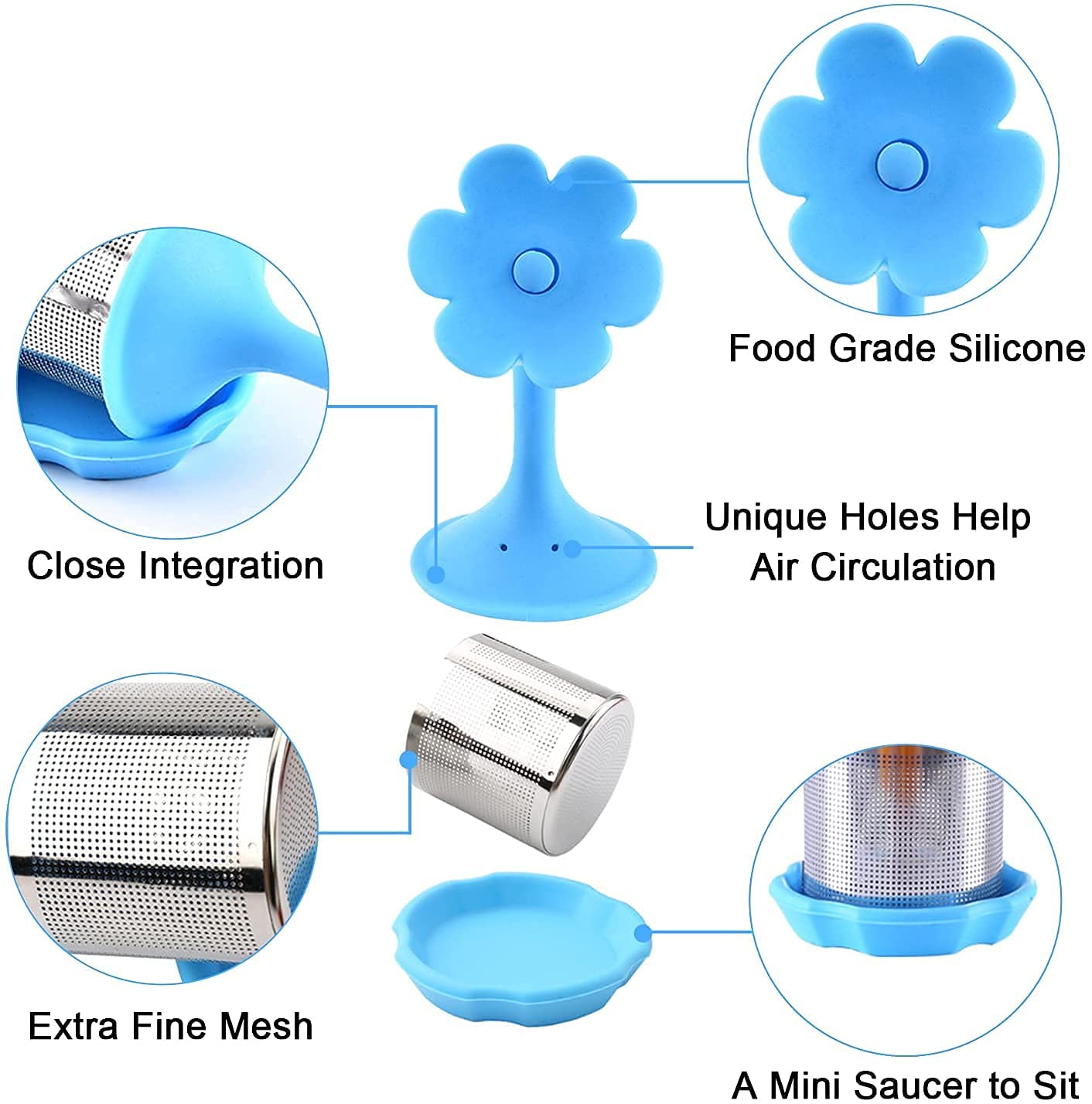 4 piezas Infusor De Té De Silicona Reutilizar Acero Inoxidable Bandeja De Goteo Colador Para Cocina Medicina Herbaria Especias Filtro con mango de silicona de acero inoxidable(flor D)