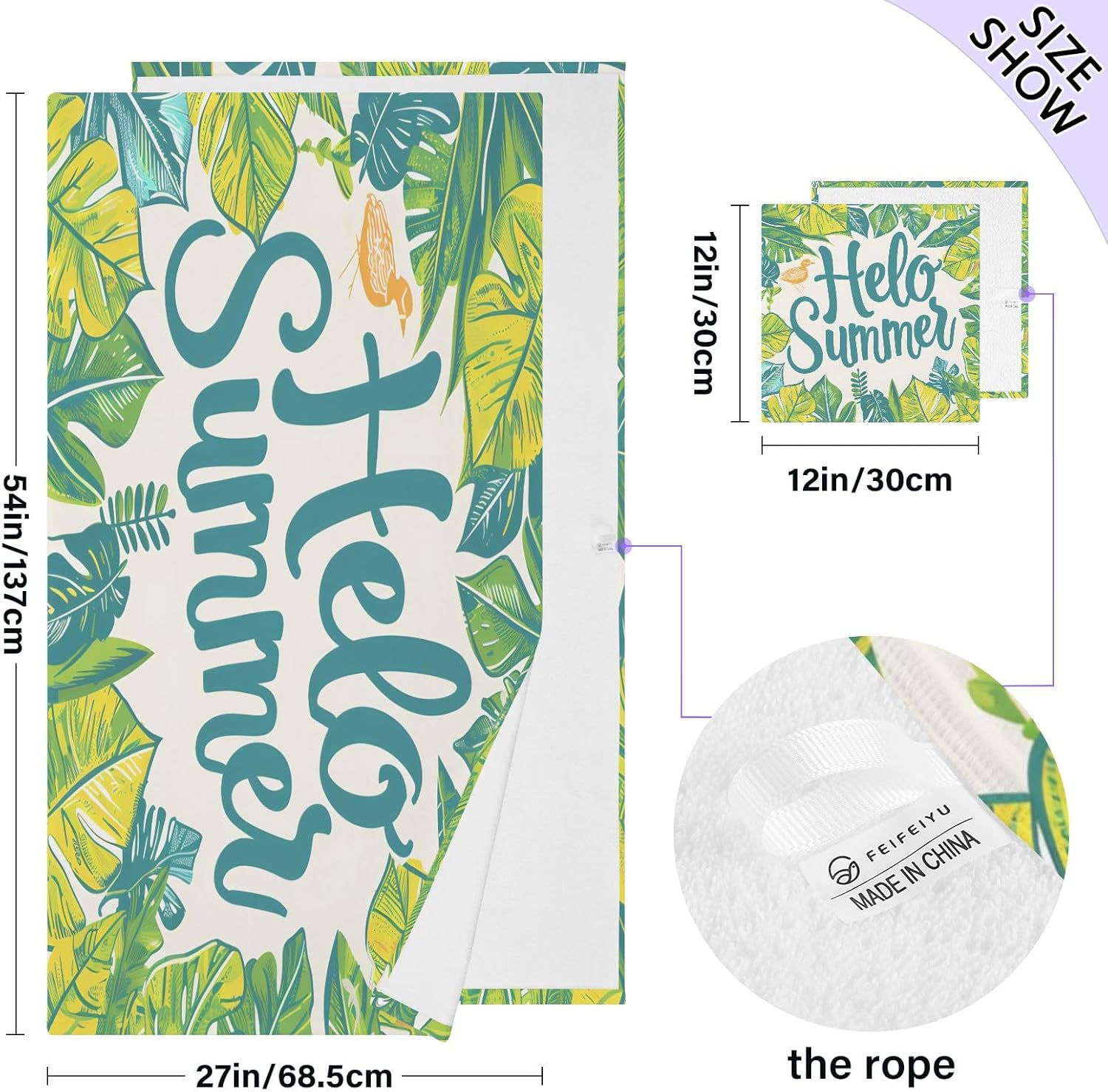 Hand Towels Premium Soft and Highly Absorbent Hello Summer with Leaf 2 Pcs Towels for Bathroom Set 100% Cotton Decorative Face Towels