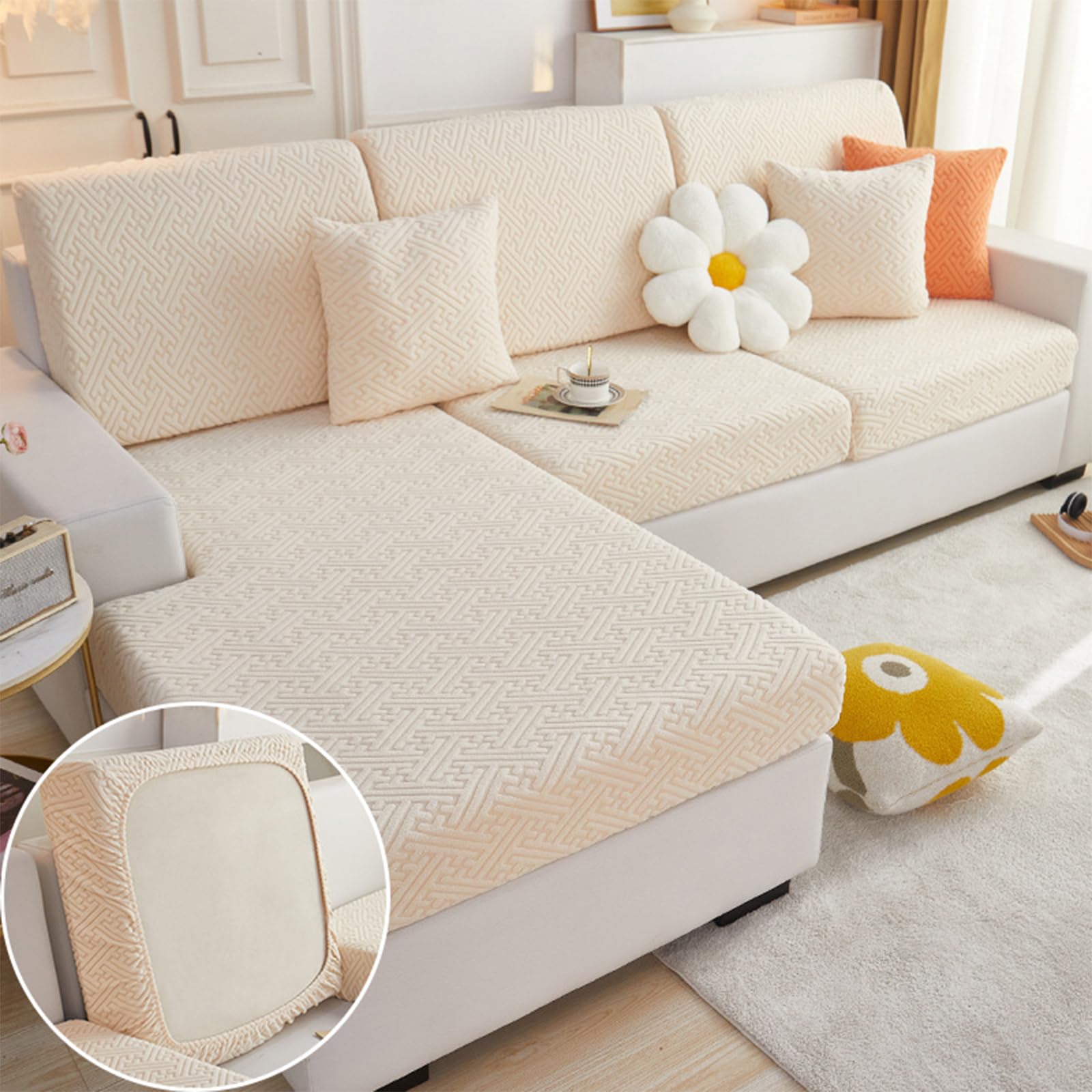 GYWZTJ L Shape Sofa Cover, 2 Seater Recliner Sofa Covers, Corner Sofa Cover of High-Density Jacquard Velvet, Waterproof Elastic Sofa Cover Combination（Leaf Stripes）（light yellow, 2 Person Seat Cover）