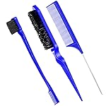 Geiserailie 3 Pcs Slick Back Hair Brush Set Bristle Brush Edge Control Teasing Comb for Women Black Hair(Dark Blue)