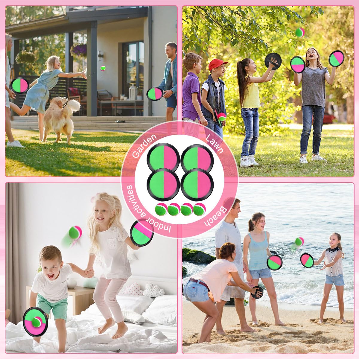 Balle Raquette Scratch Jeux, Jeu de Balle à Attraper Raquette avec 4 Raquettes + 4 Balles, Lancer Catch Ball Jouet Enfants, Jeu de Pagaies et de Lancer pour Jardin Cour Piscine Plage (2 paires)