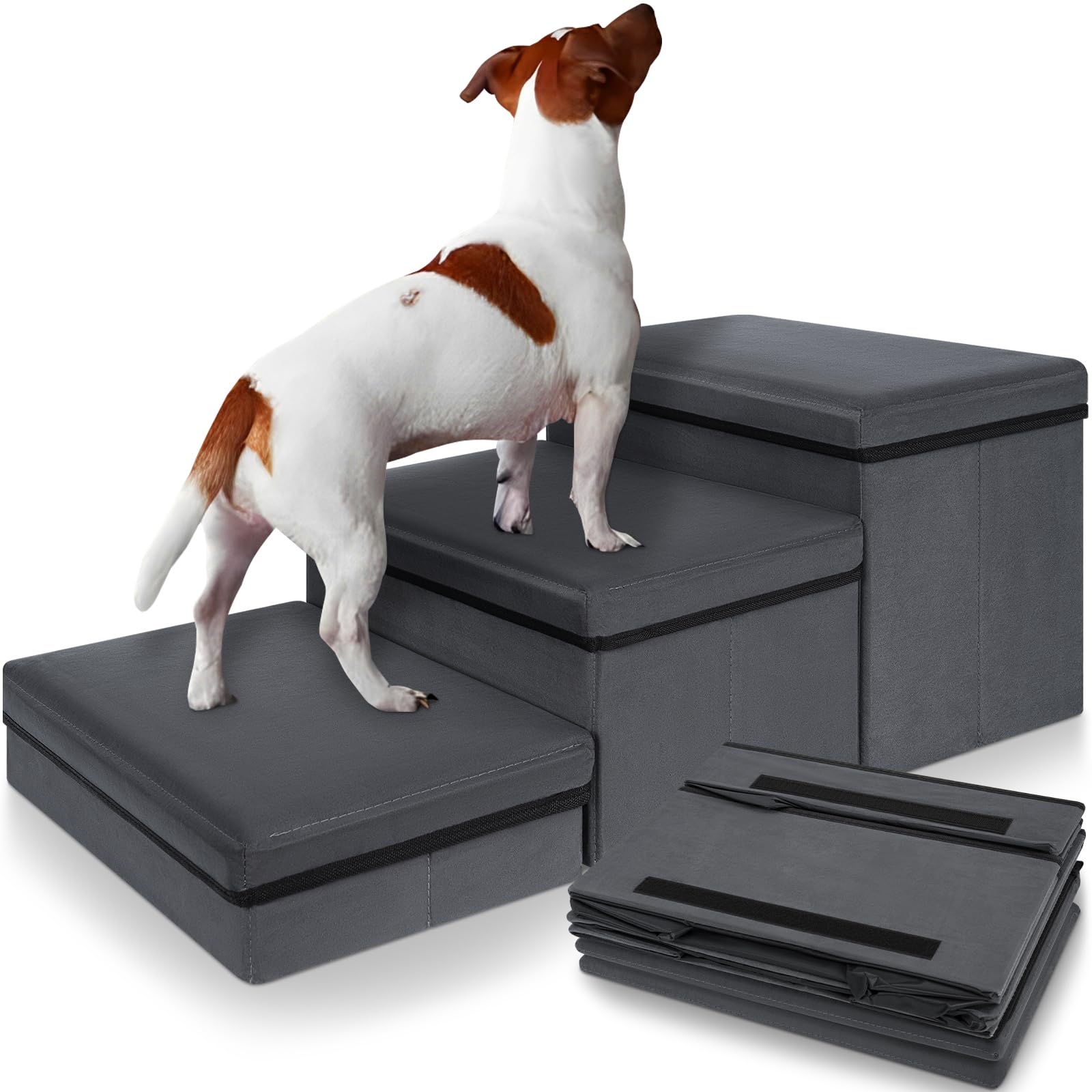 OUUTMEE Escalera para mascotas, 3 peldaños, escalera para perros plegable con espacio de almacenamiento, escalera para perros para camas, sofás, escaleras para gatos viejos, perros, capacidad de carga
