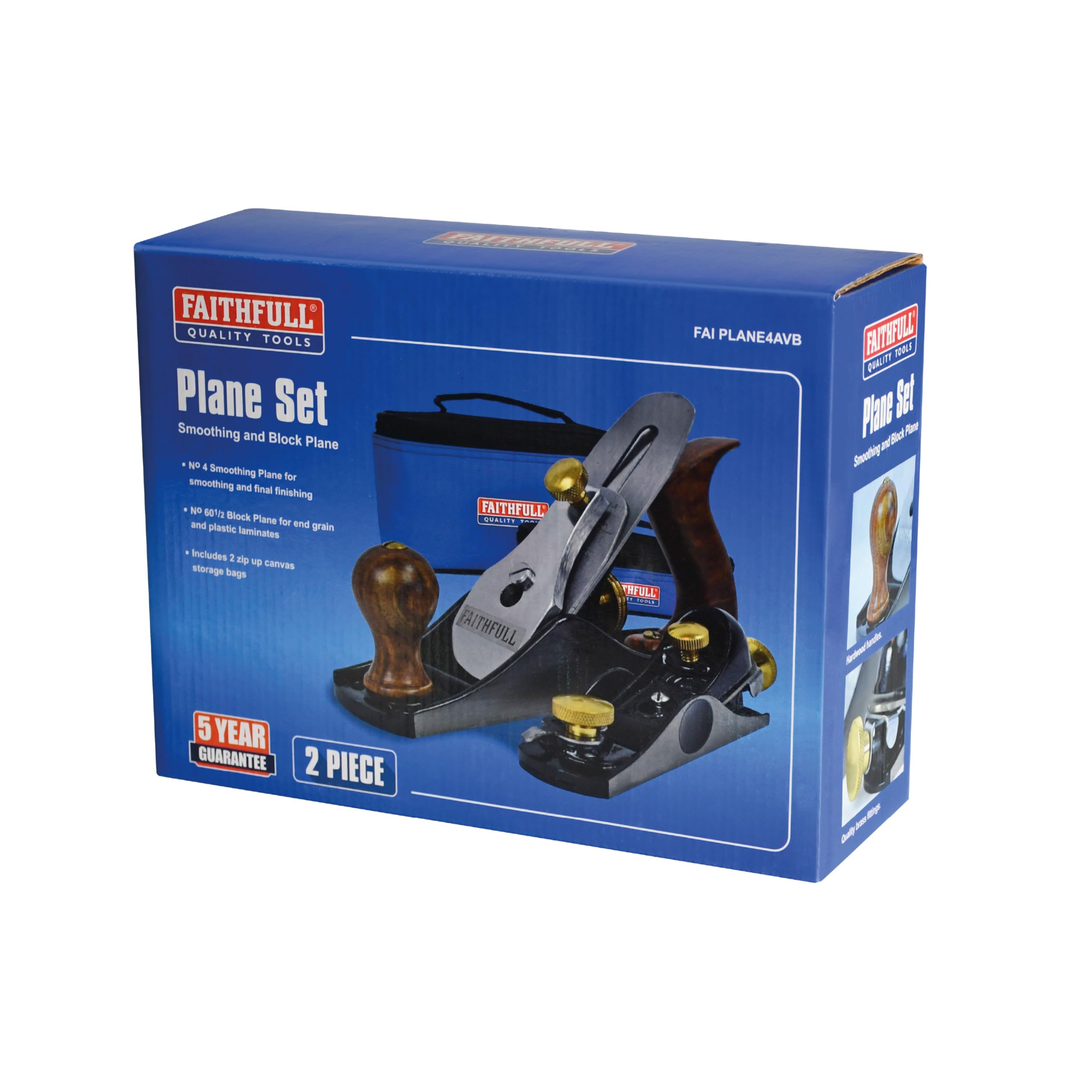 Coffret de rabots Faithfull n° 4 et n° 6012 avec sacs de rangement en toile – Rabots à main en fonte usinés avec précision pour le lissage, l'ébarbage et le travail du bois de bout