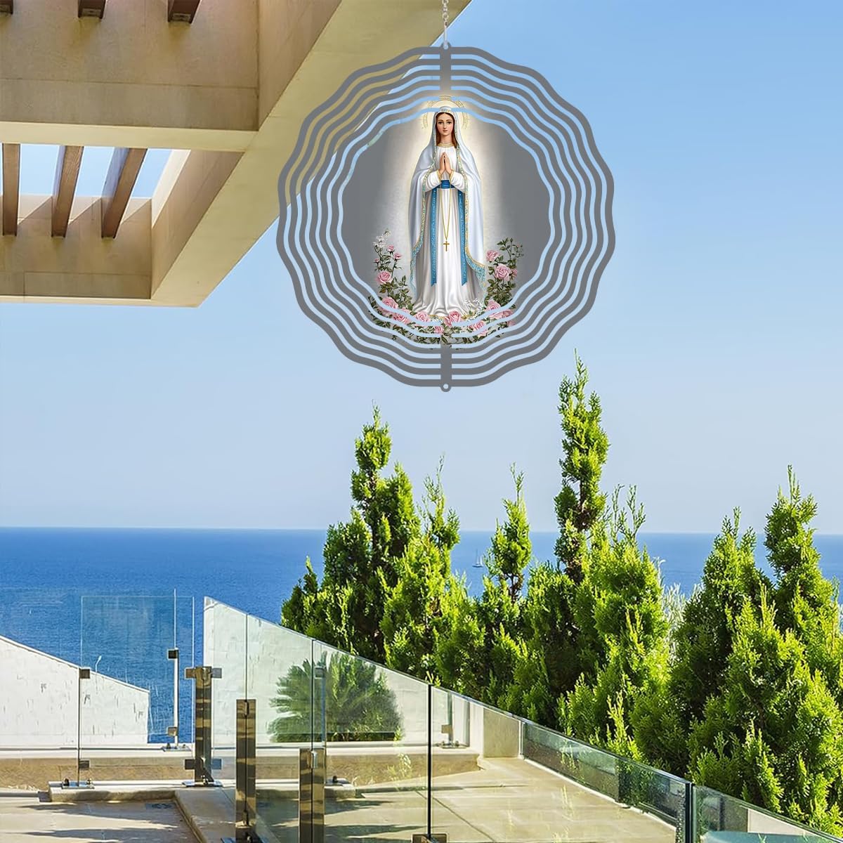 聖母マリアの祈りのウィンドスピナー、メタルウィンドスピナー、屋外屋内、聖母マリアの十字架ハンギングガーデン装飾、庭や庭用ステンレスウ