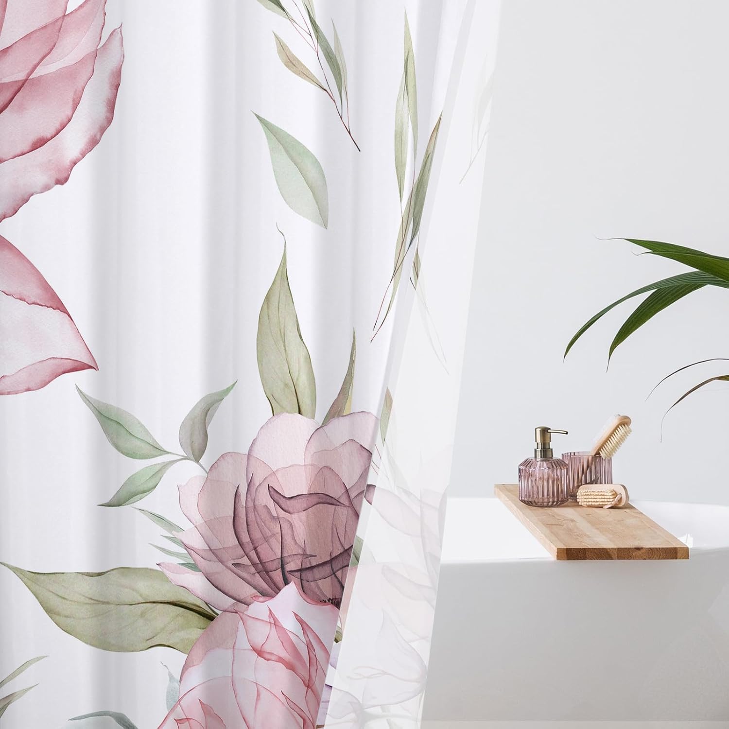 Litabel Small Stall Boho Watercolor Floral Shower Curtain 36 x 72, Pink and Grey Ink Painting Style Flower Shower Curtains for Chic Elegant Bathroom, Artistic Narrow Half Size Shower Curtain