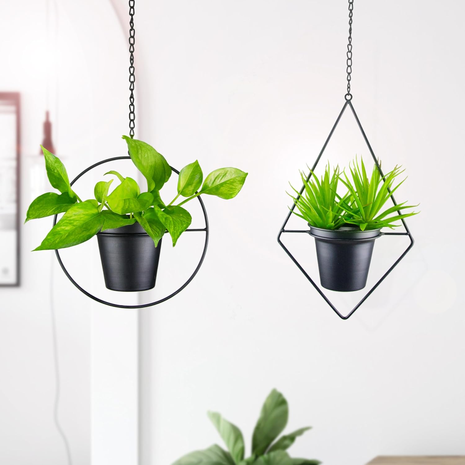 Modern Metal Hanging Planters Set of 2 - Round and Diamond Geometric Plant Hangers with 5 Inch Pots - Black Wall and Ceiling Mount Flower Holders for Indoor Houseplants, Boho Home Décor