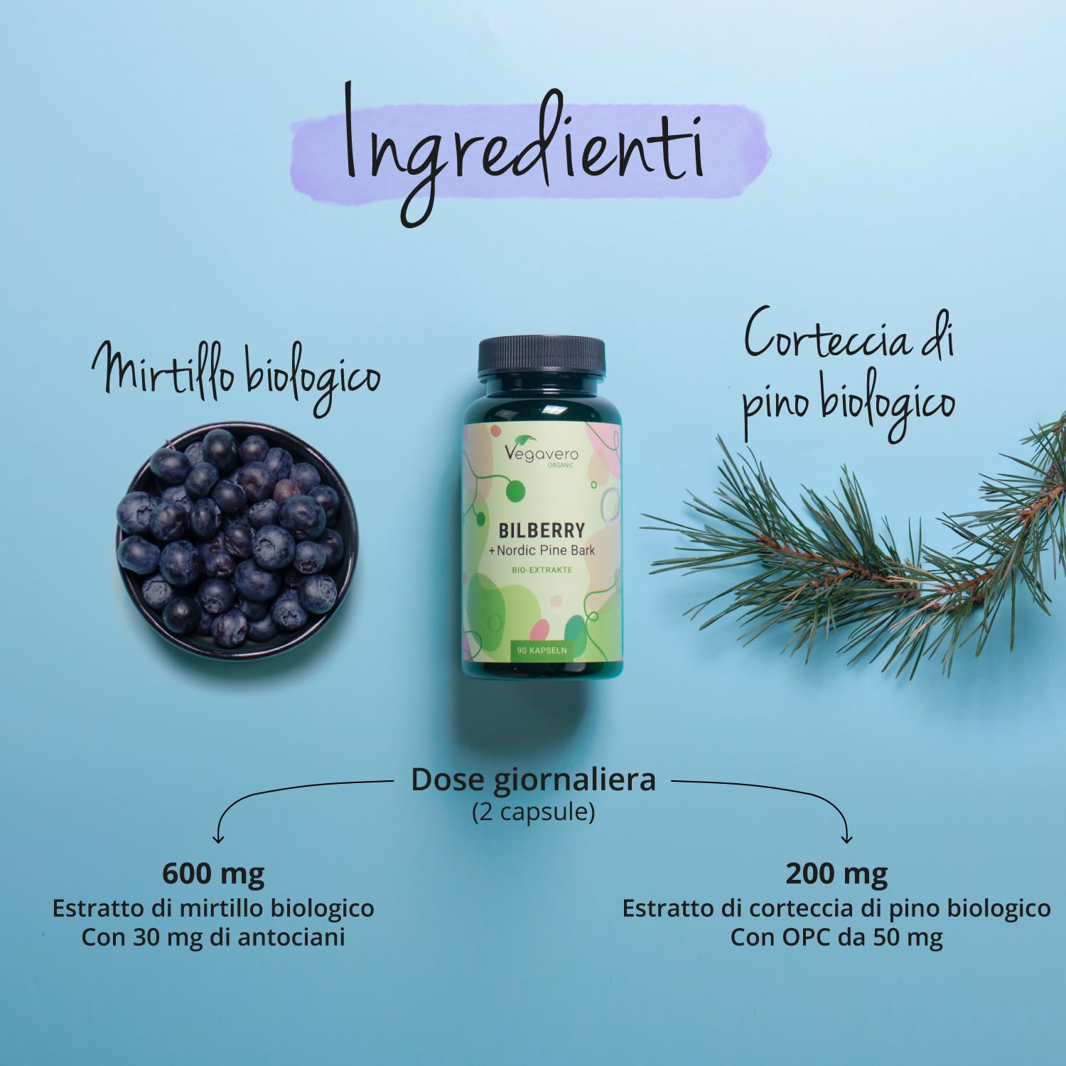 MIRTILLO NERO BIO Vegavero® | L’UNICO BIOLOGICO | con Corteccia di Pino | Benessere del MICROCIRCOLO e della VISTA | 90 capsule | Bilberry | Vegan