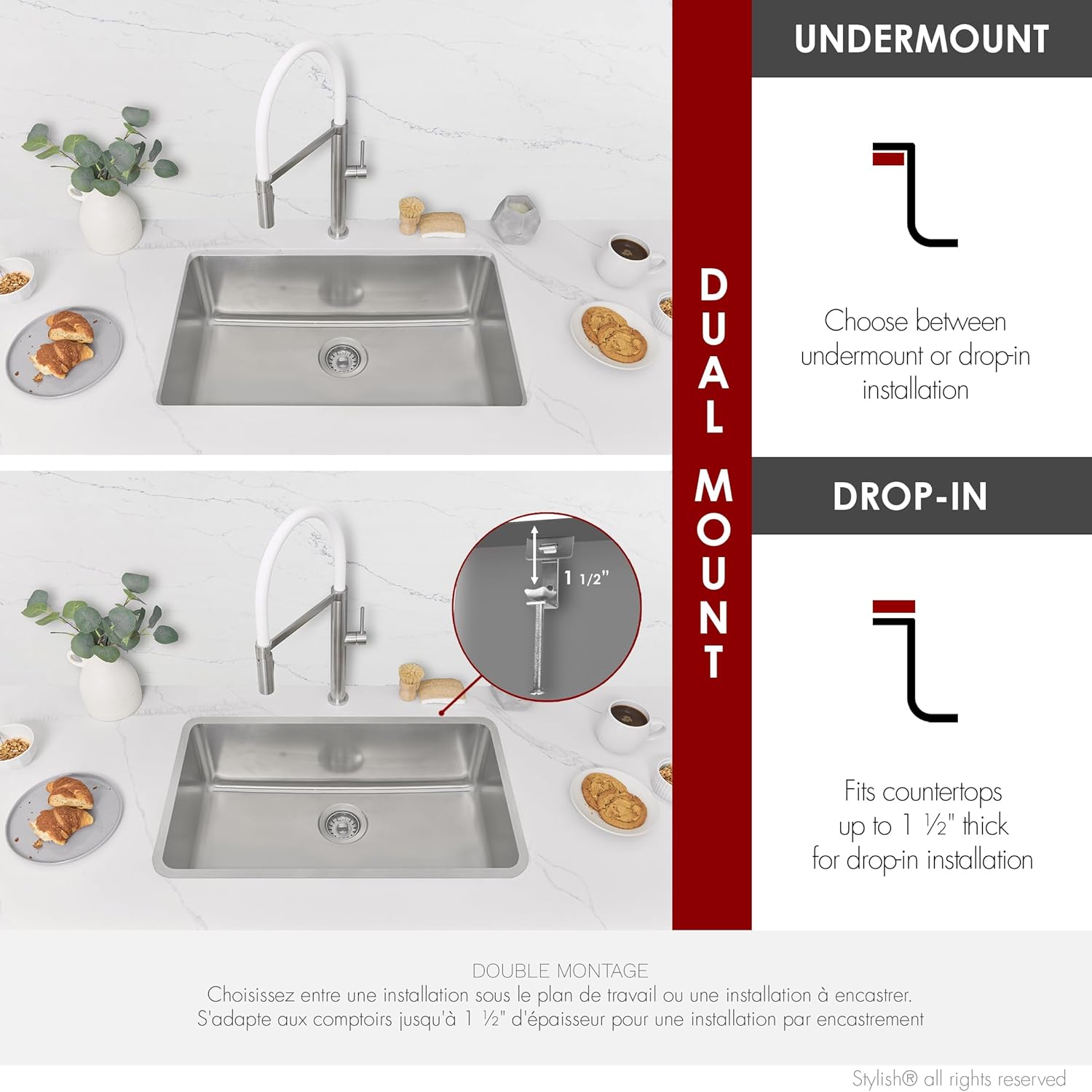 Stylish 30 x 18 Inch Drop in or Undermount Kitchen Sink 18G 9 Inches Deep Stainless Steel Single Bowl Kitchen Sinks with Standard Metal Strainer, S-411T