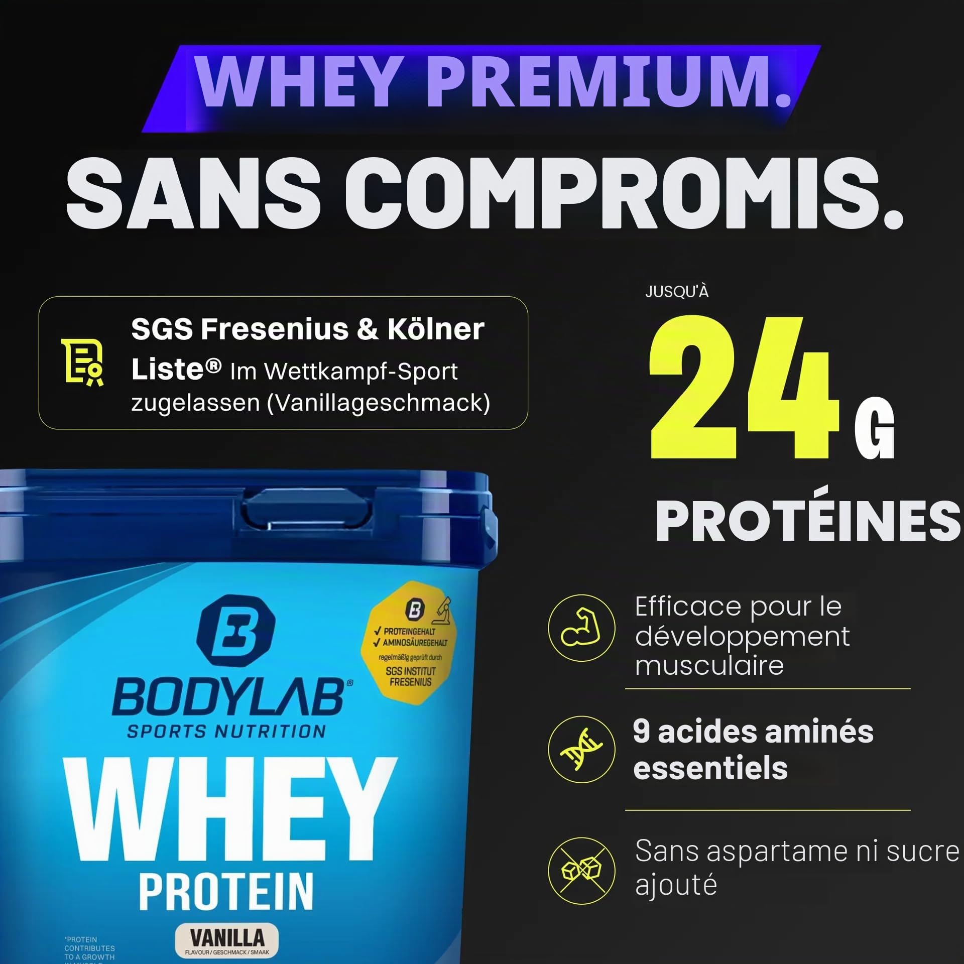 Bodylab24 Whey Protein Powder Double Chocolate 2kg, pour des muscles plus forts, protéine de lactosérum peut favoriser la construction musculaire, avec 80% de protéines, sans aspartame