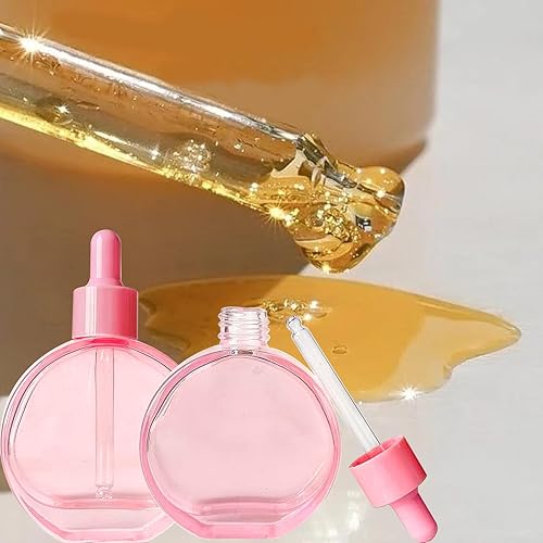 Miniatura 7 de Botellas transparentes con cuentagotas de 2 onzas, 6 botellas redondas de vidrio plano rosa con cuentagotas, para sueros de perfume, aceites para el