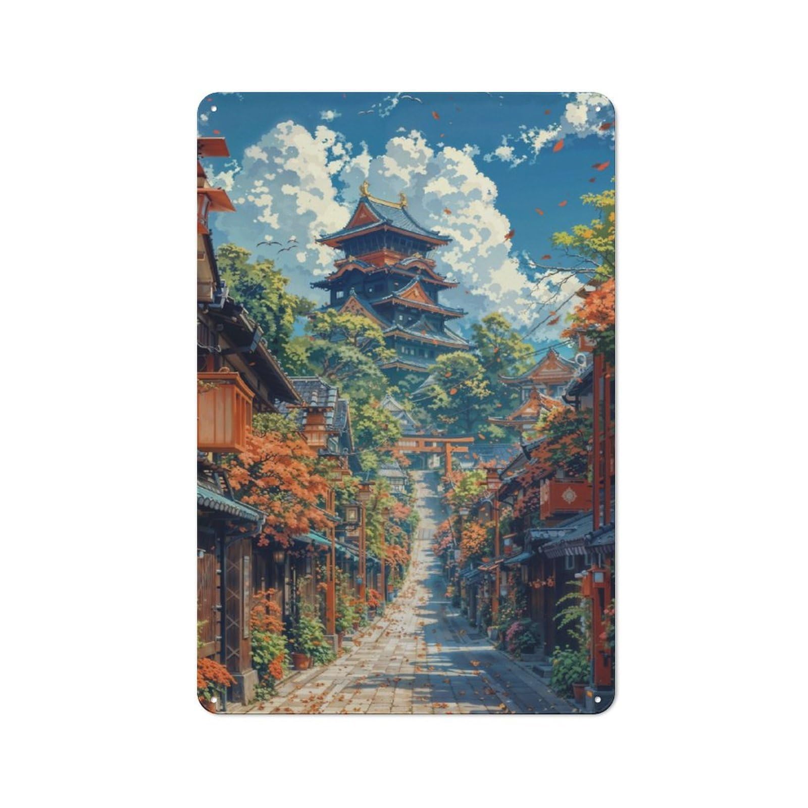 Junmoney Japanese Temple Pagoda Retro Tin Sign 30X20cm For Workshop Wall, For Collectors Of Retro Metal Wall Decor