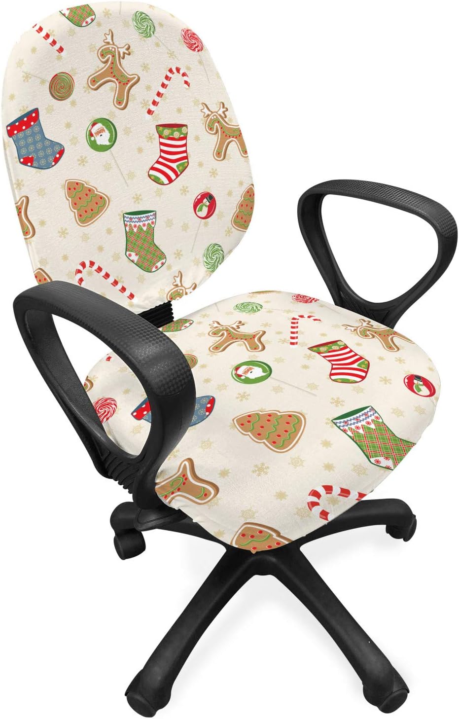 Ambesonne Christmas Office Chair Slipcover, Traditional Sweets of Xmas Party Gingerbread Cookies Lollipop Candies with Socks, Protective Stretch Decorative Fabric Cover, Pale Coffee Green Red