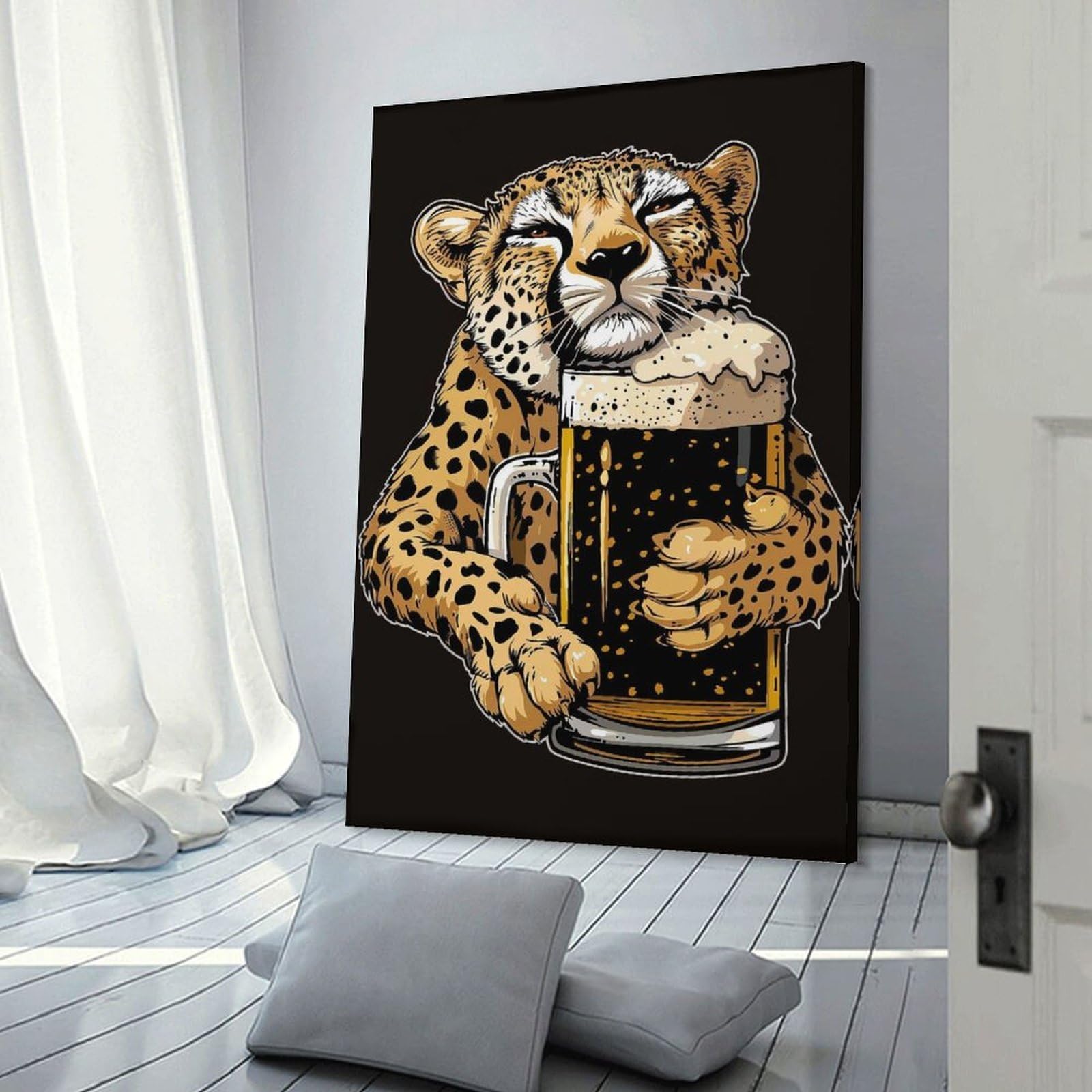 Junmoney Cheetah Beer Canvas Wall Picture, 24x36inch(60x90cm), for Wall Displays, Bedrooms Or Room Updates, Wall Decor Suited to Curated Displays