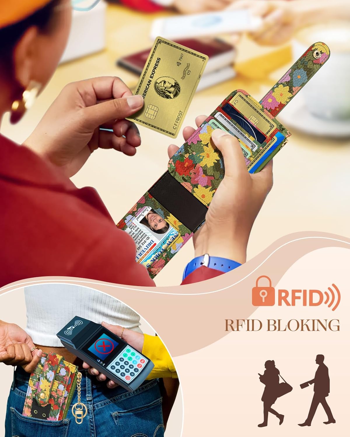 Slim Small Card Wallet for Women – Cute Card Holder Wallets with Keychain Credit RFID Blocking Holds 7 Cards, Leather Fashion Design for Female Ladies Teen Girls, Cat Flower - Image 4