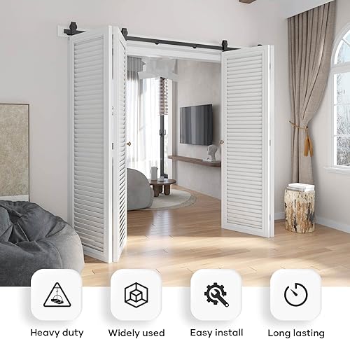 Miniatura 2 de EaseLife Kit de rieles de puerta corrediza de granero biplegable de 96 pulgadas para 4 puertas de armario, rodillo de montaje superior, resistente,