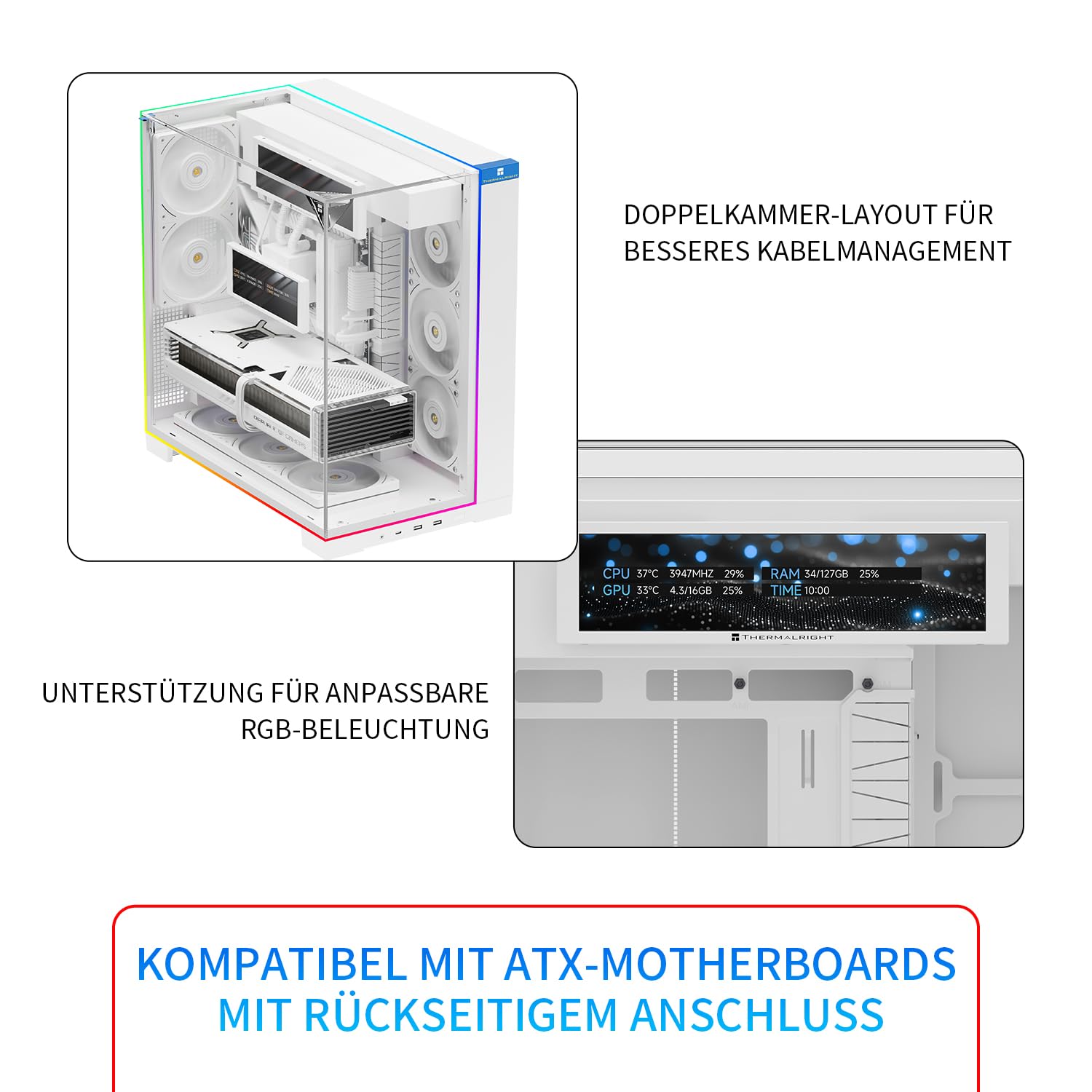 TR-Thermalright A70 Vision bianco con alloggiamento per PC espandibile display LCD da 9,16", connettore USB-C, telaio robusto ottimizzato per il gioco, universale con barra luminosa lineare ARGB